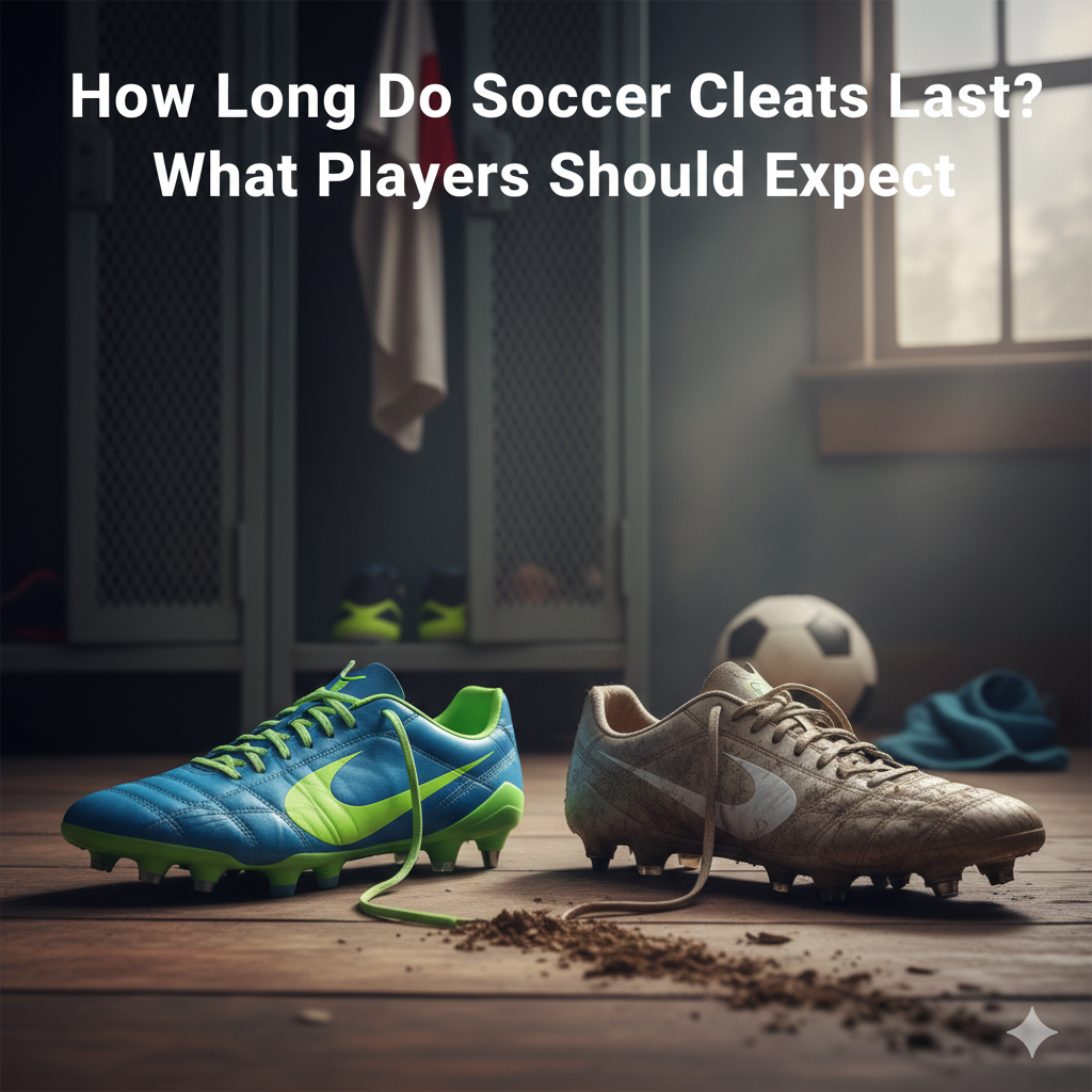 two different Nike soccer cleats, worn out sitting on a floor in a locker room floor. AI generated image