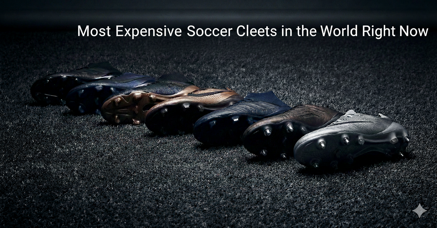 7 different soccer cleats in a row on turf