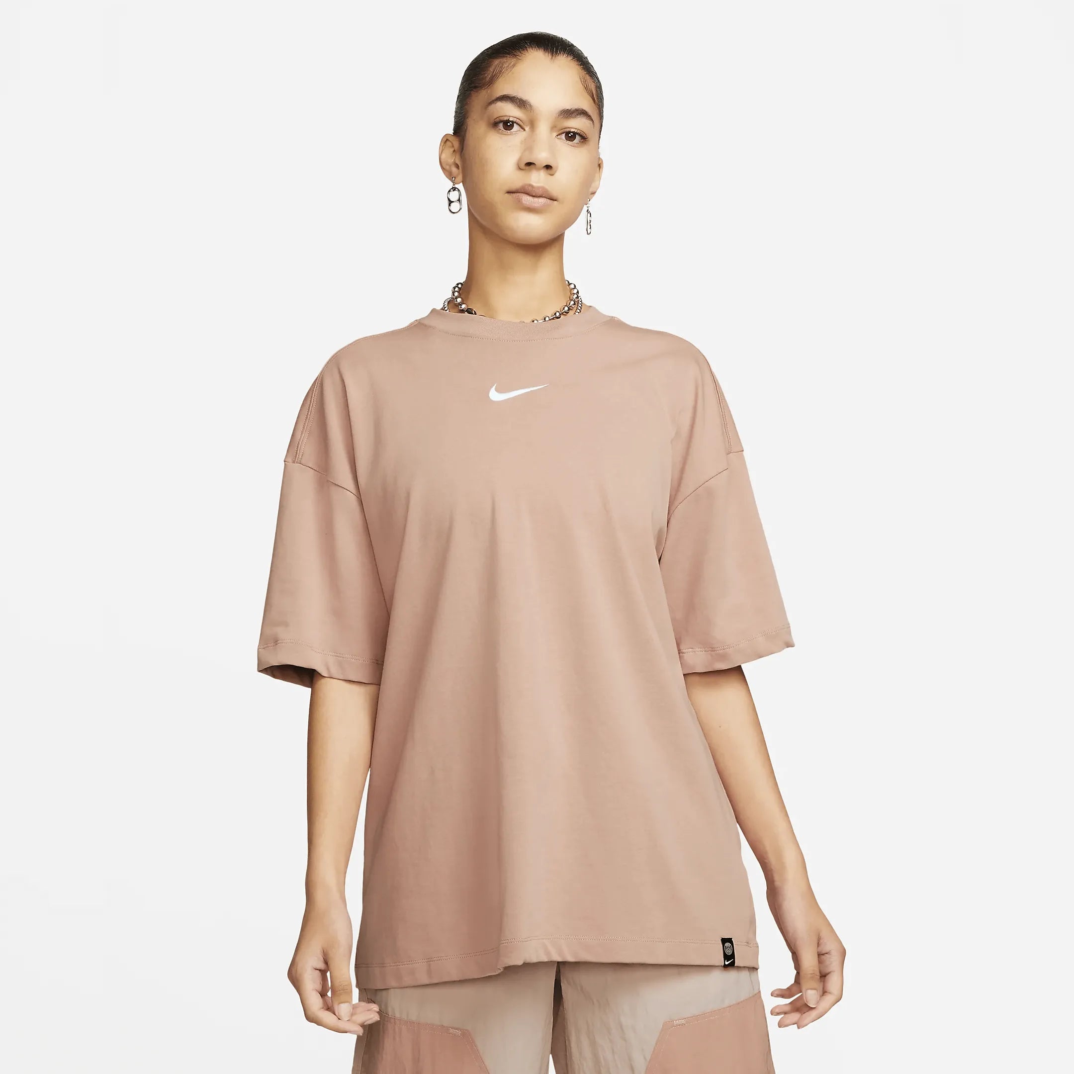 Nike 2022 PSG Womens NSW Oversized Short Sleeve Top - Rose Whisper-White (Model - Front)