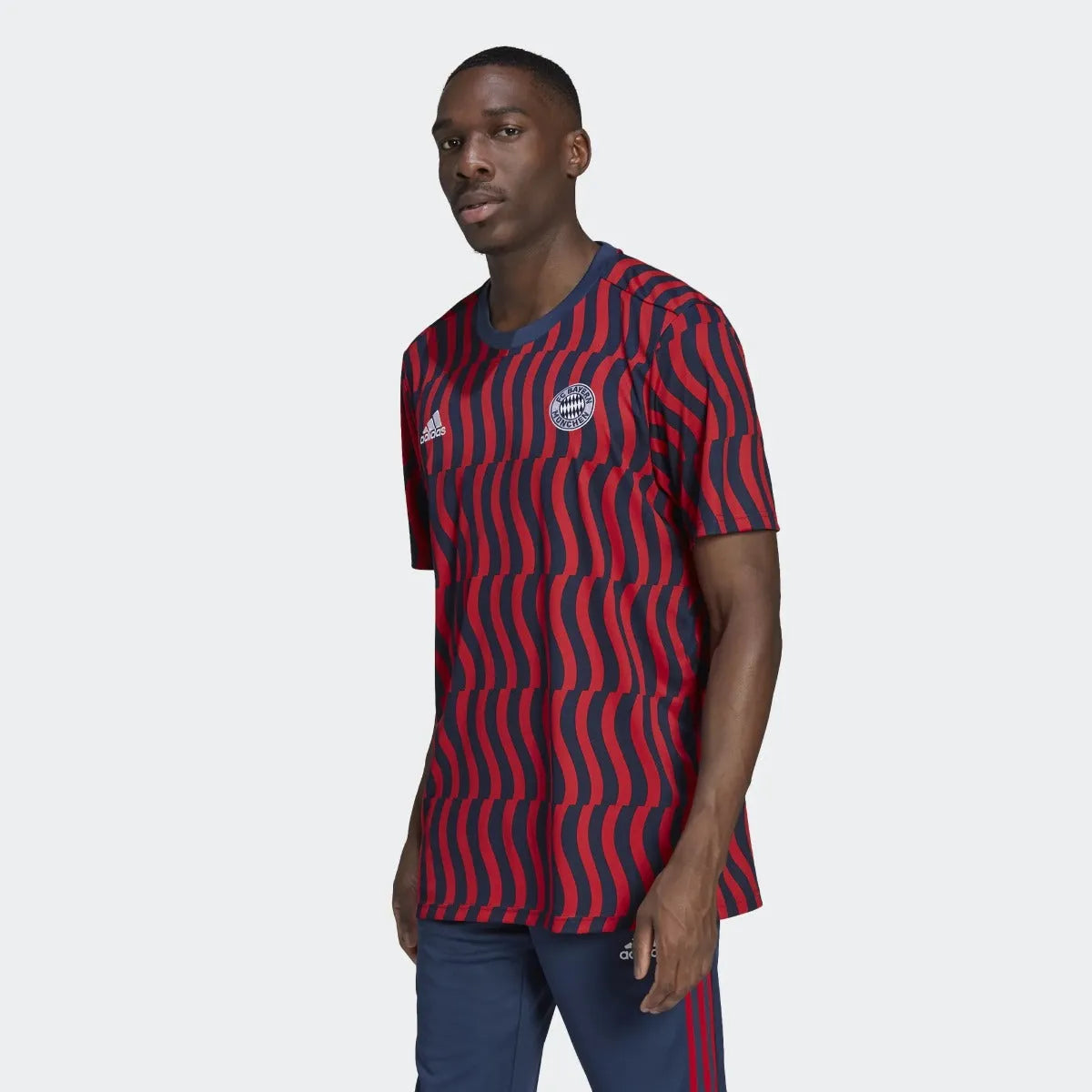 adidas 21-22 Bayern Munich Pre-Match Jersey- Navy-Scarlet (Model - Front)