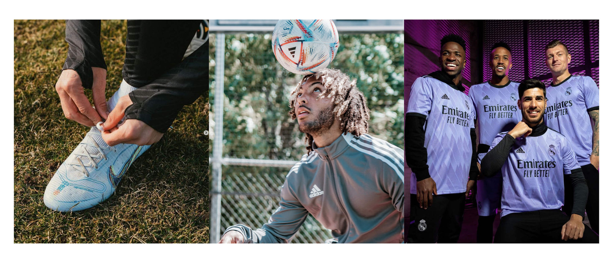blog page banner image three different shots of nike shoe, athlete balacing ball on his head and 4 athletes wearing soccer jerseys