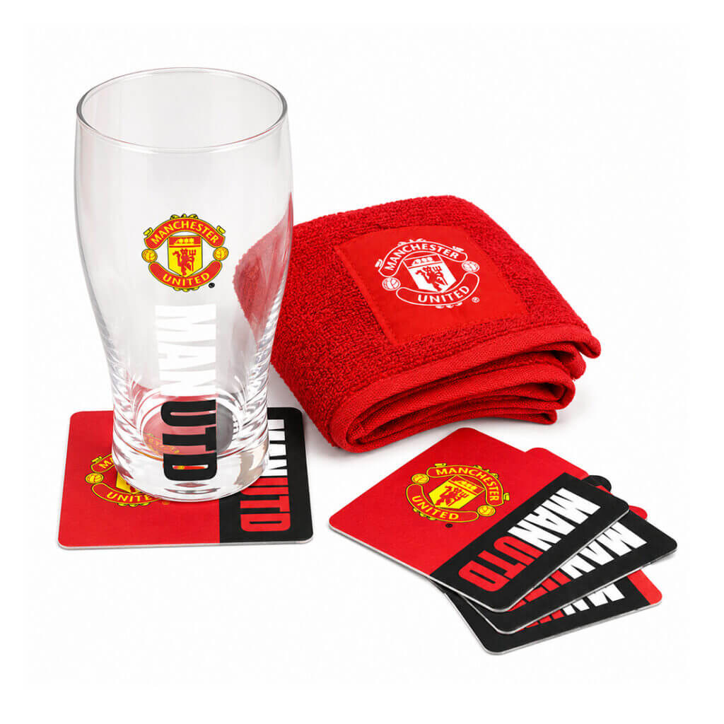 Manchester United Mini Bar Set (Pint Glass, Bar Towel, 4 Coasters) (Front)