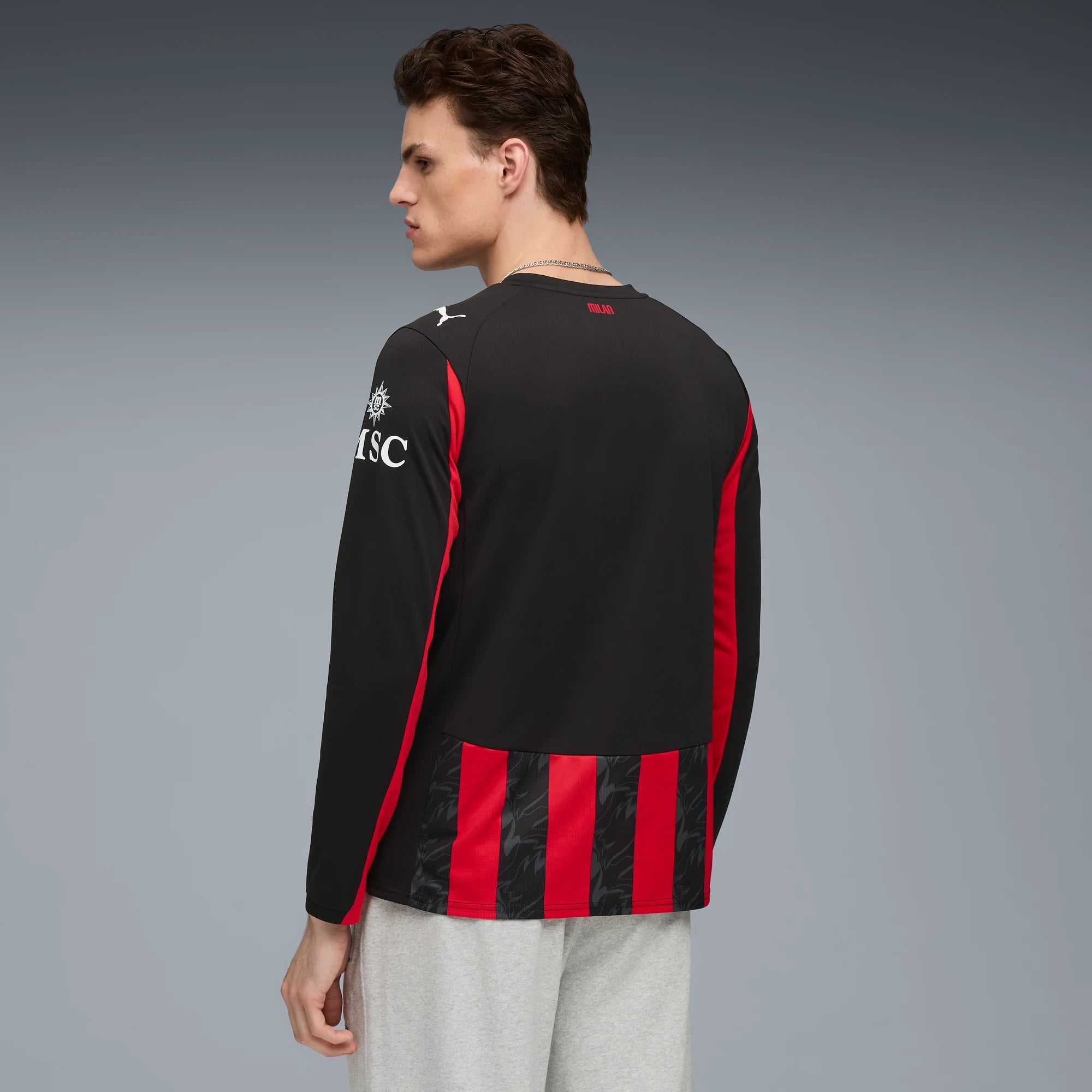 Puma 2025-26 AC Milan Men's Stadium Home Long-Sleeve Soccer Jersey (Model - Back)