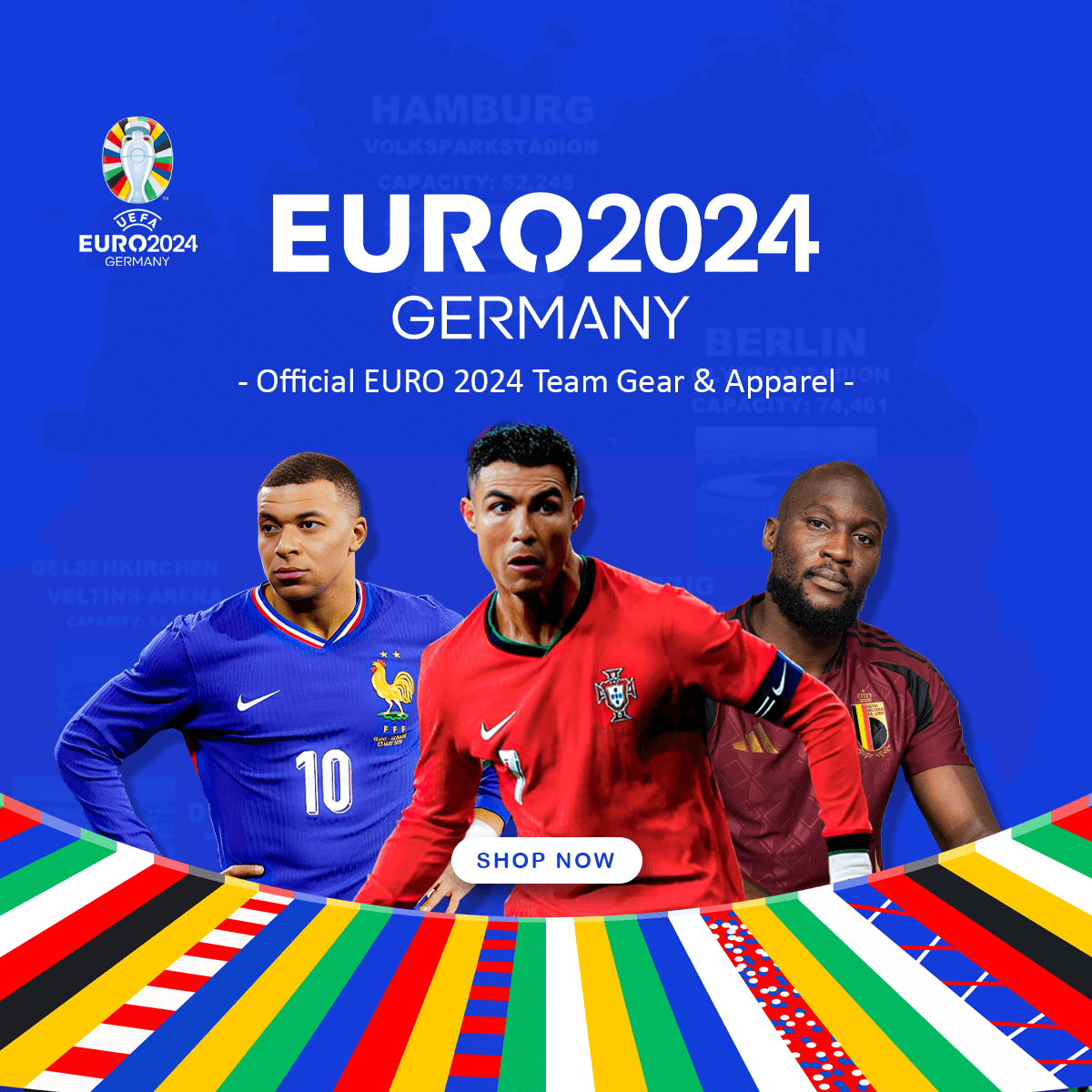 Euro 2024 Germany soccer tournament graphic with Mbappe, Ronaldo and Lukaku in the shot