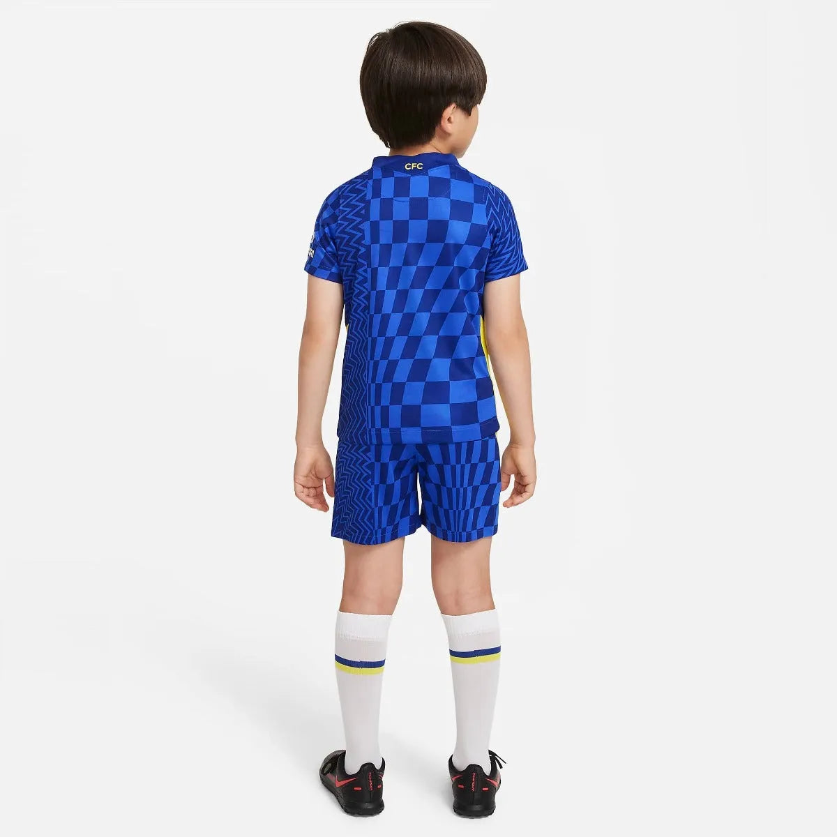 Nike 2021-22 Chelsea Little Kids Home Kit - Blue-Yellow (Model - Back)