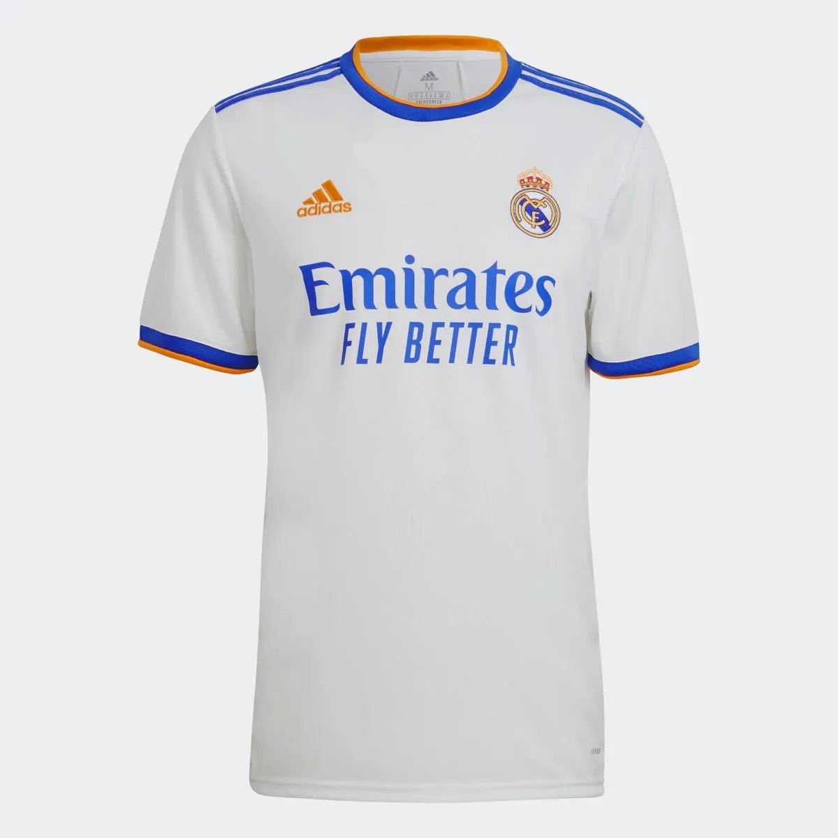 Adidas 2021-22 Real Madrid Home Soccer Jersey - White-Blue-Orange