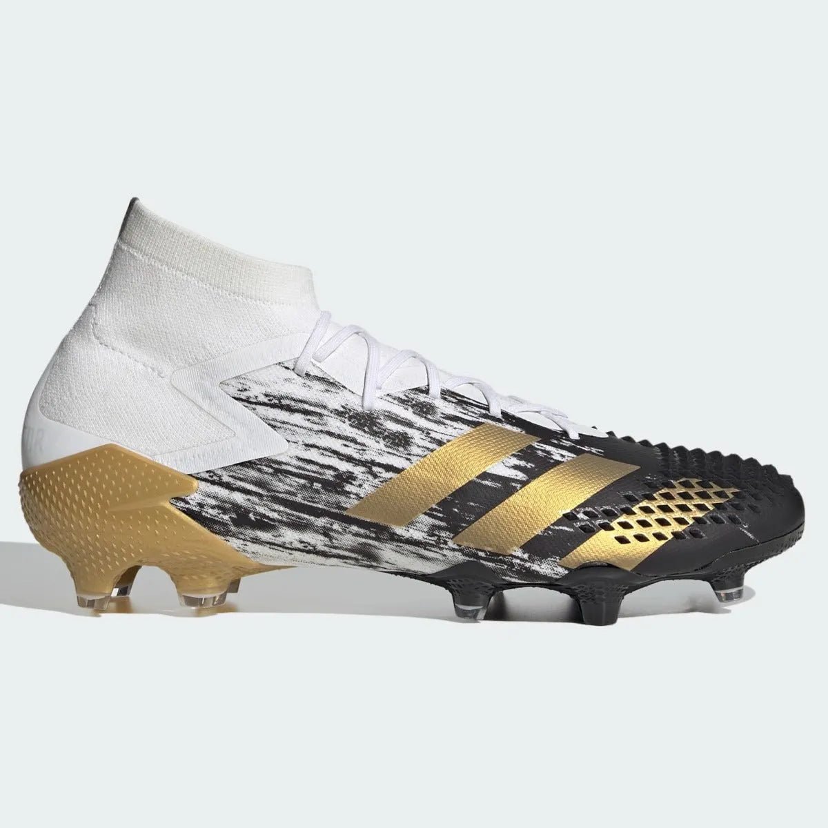 Adidas Predator Mutator 20.1 FG - White-Black-Gold Soccer Cleats Adidas Predator Mutator 20.1 FG - White-Black-Gold Soccer Cleats