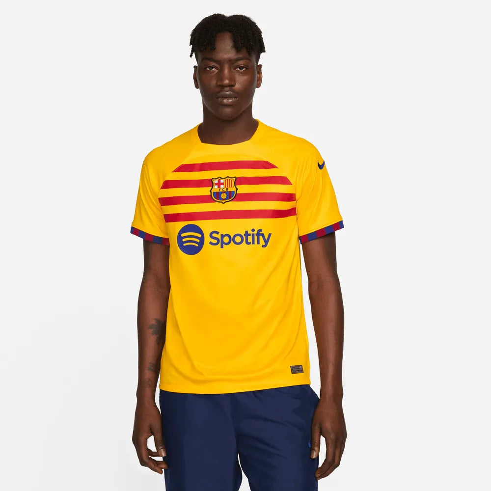 Nike 2022-23 FC Barcelona Fourth Jersey - Yellow - University Red (Model - Front)
