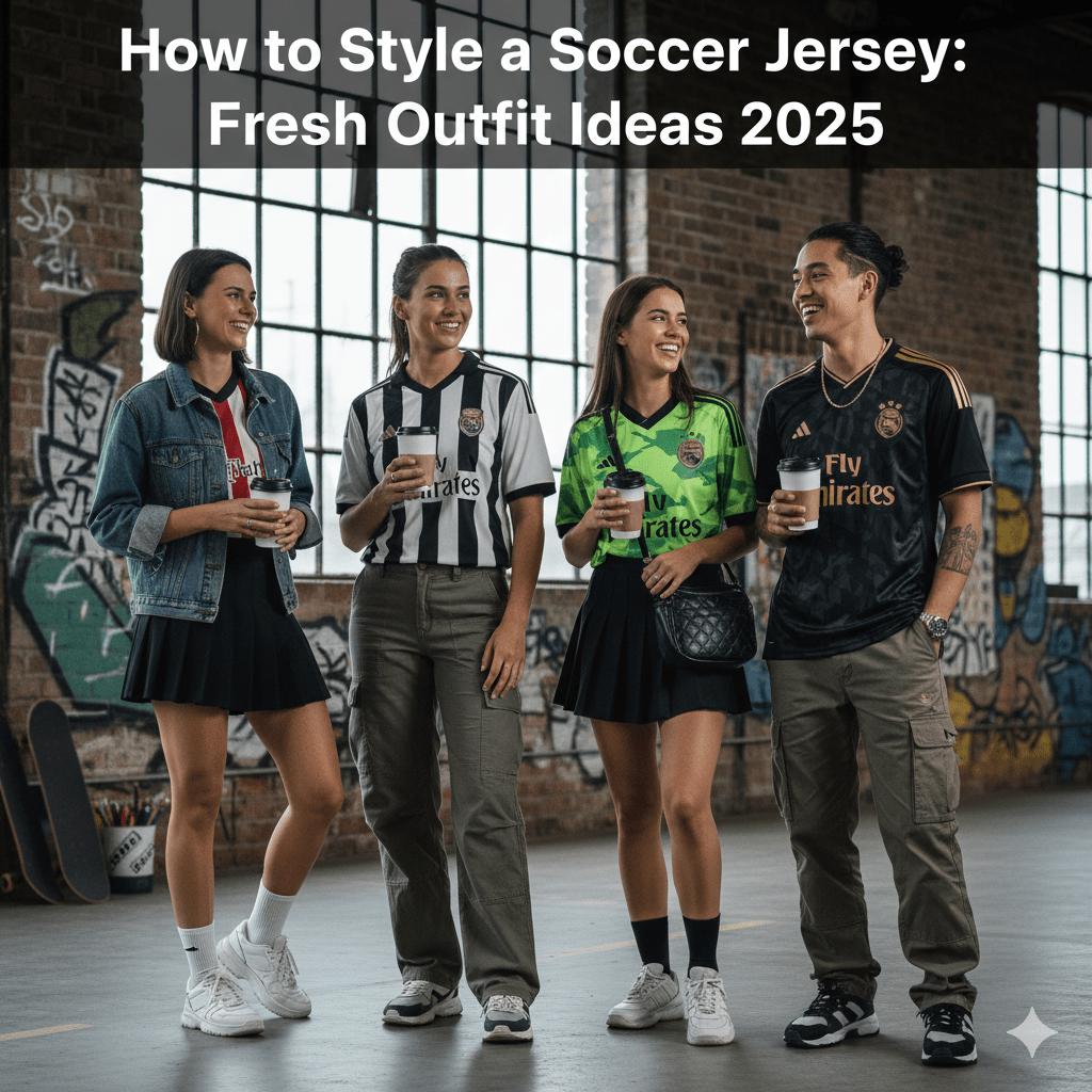three women and a man in soccer jerseys indoors drinking coffee together