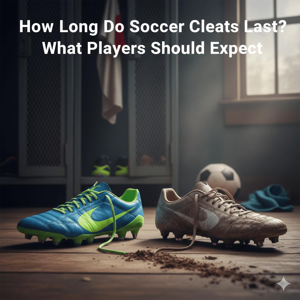 two different Nike soccer cleats, worn out sitting on a floor in a locker room floor.  AI generated image