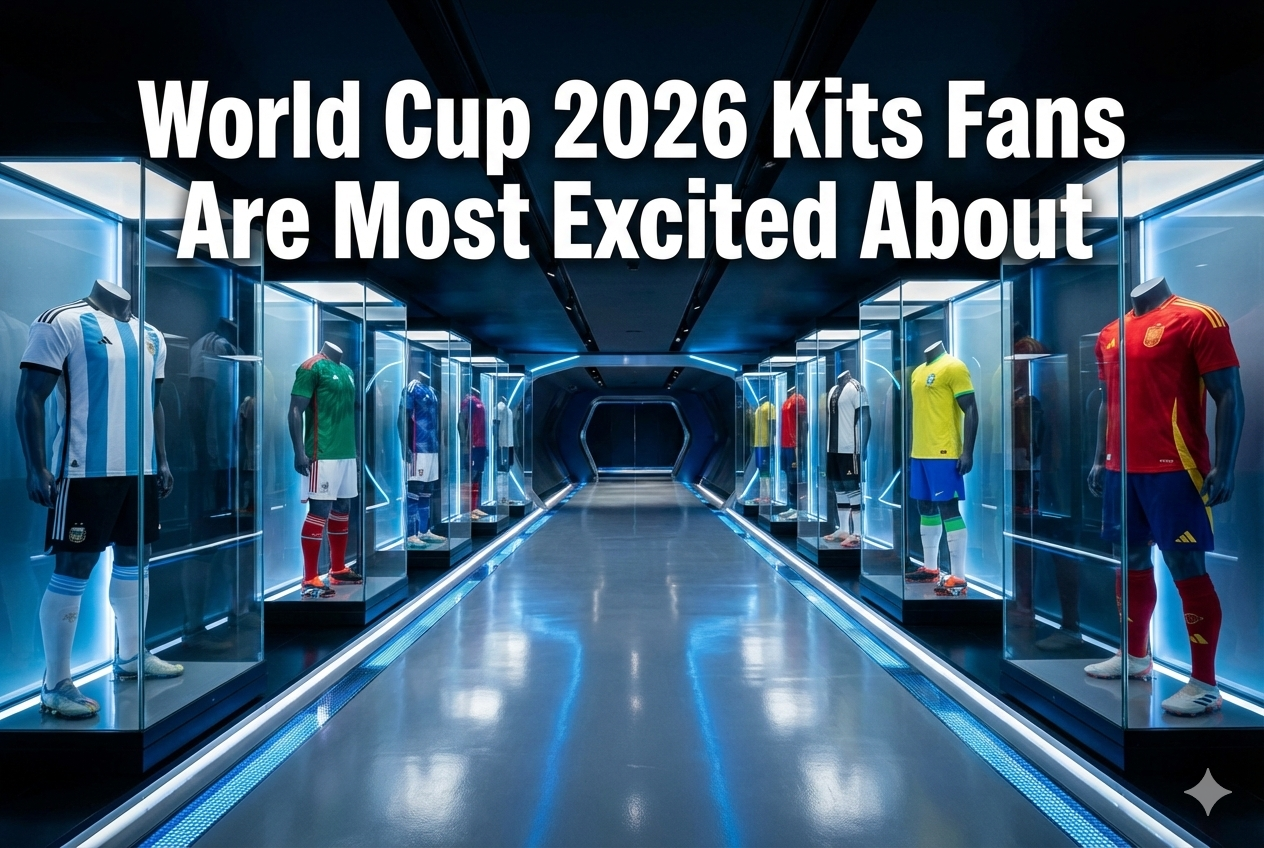 AI generated image of a hall with 2026 world cup jerseys displayed on mannequins