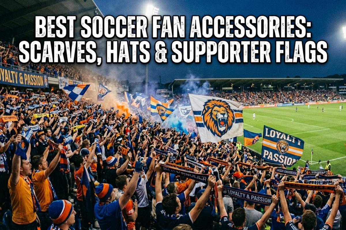 soccer accessories, soccer fans in the stands, scarf, flag, hats