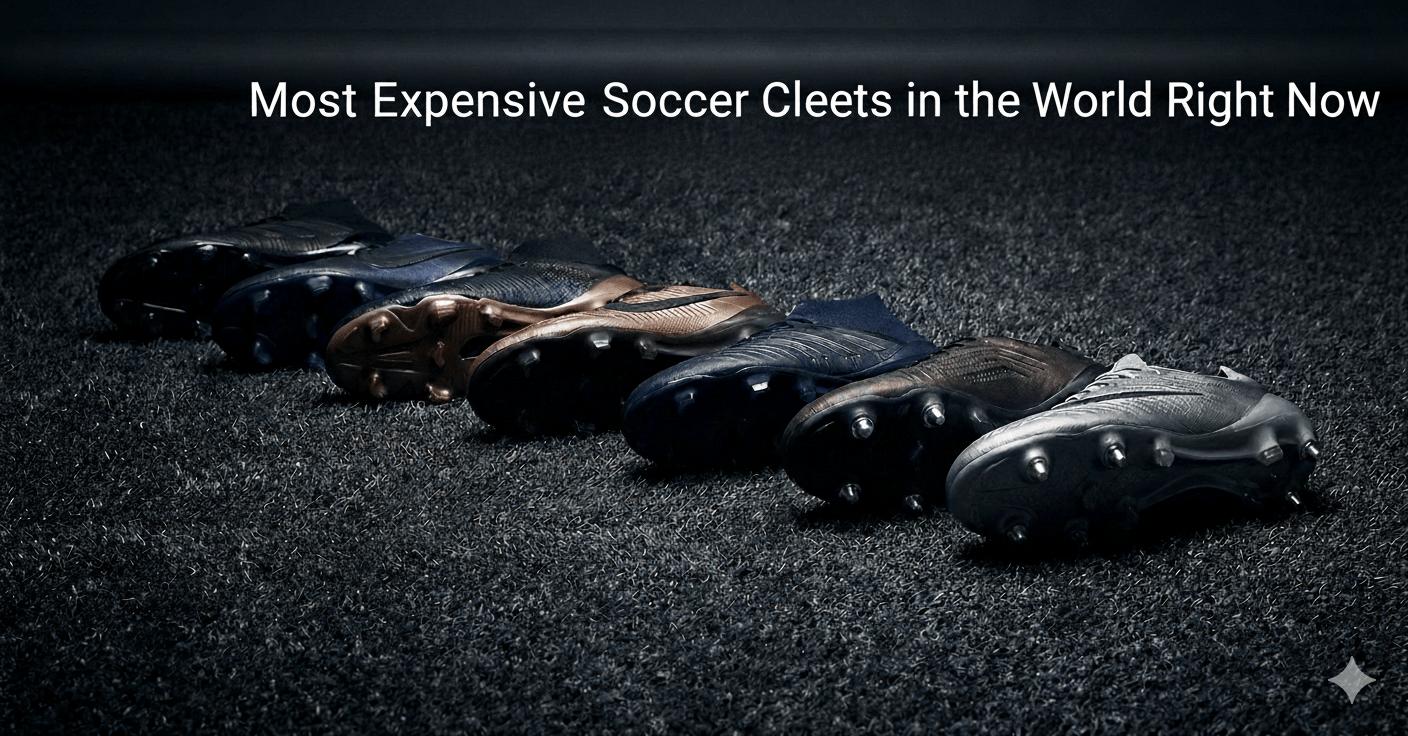 7 different soccer cleats in a row on turf