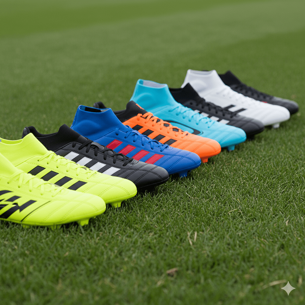 different brand of soccer cleats next to each other on a soccer field