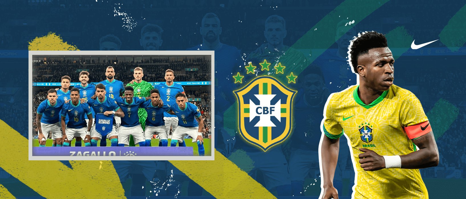 Brazil national team soccer collection page graphic showing Vinicius Jr and other Brazilian players