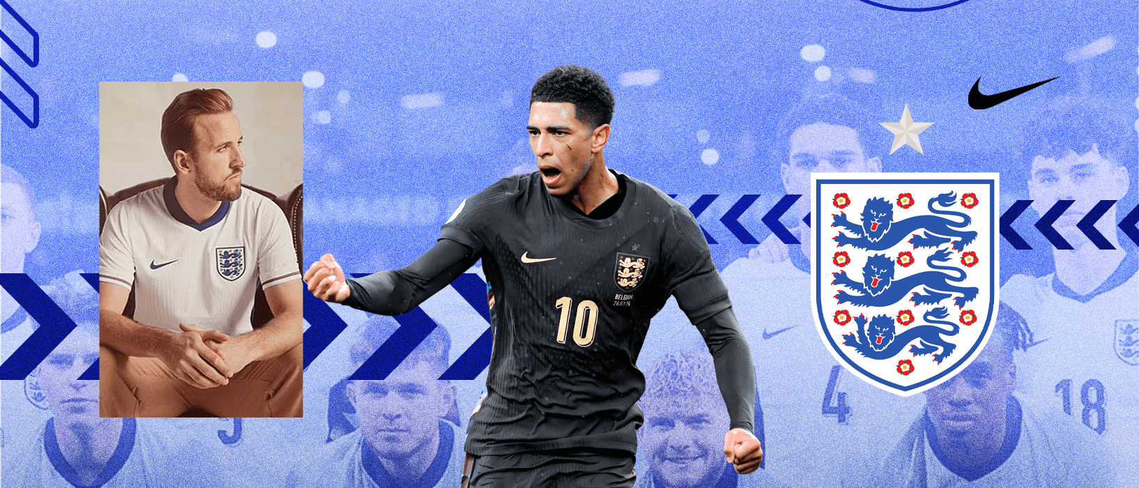 England soccer team collection page graphic showing Jude Bellingham and Harry kane