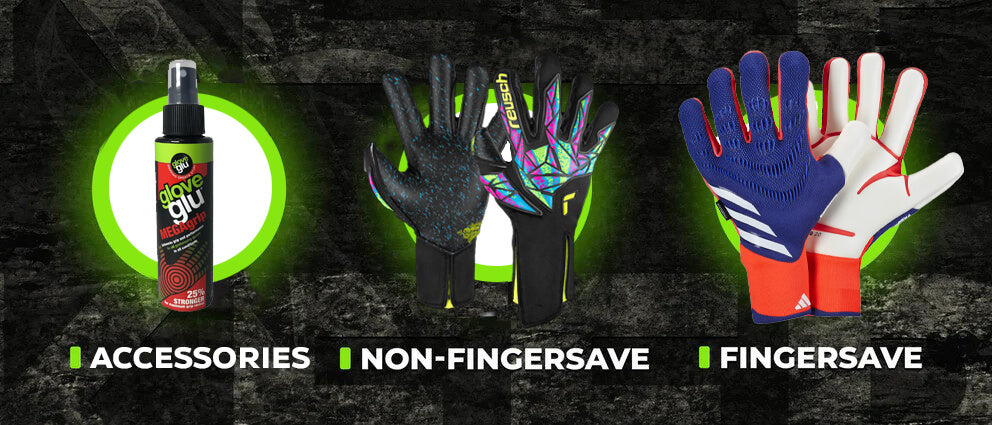 Soccer goalkeeper gloves in three different brands and types in one row