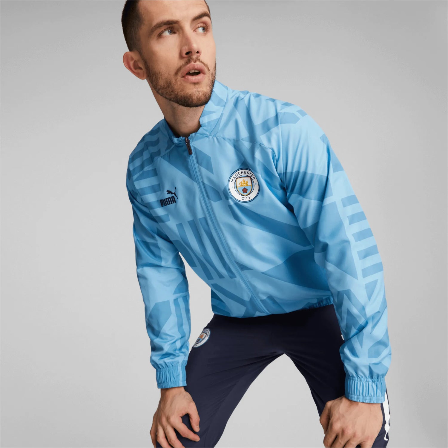 Puma 2022-23 Manchester City Pre-Match Jacket - Light Blue (Model - Front)