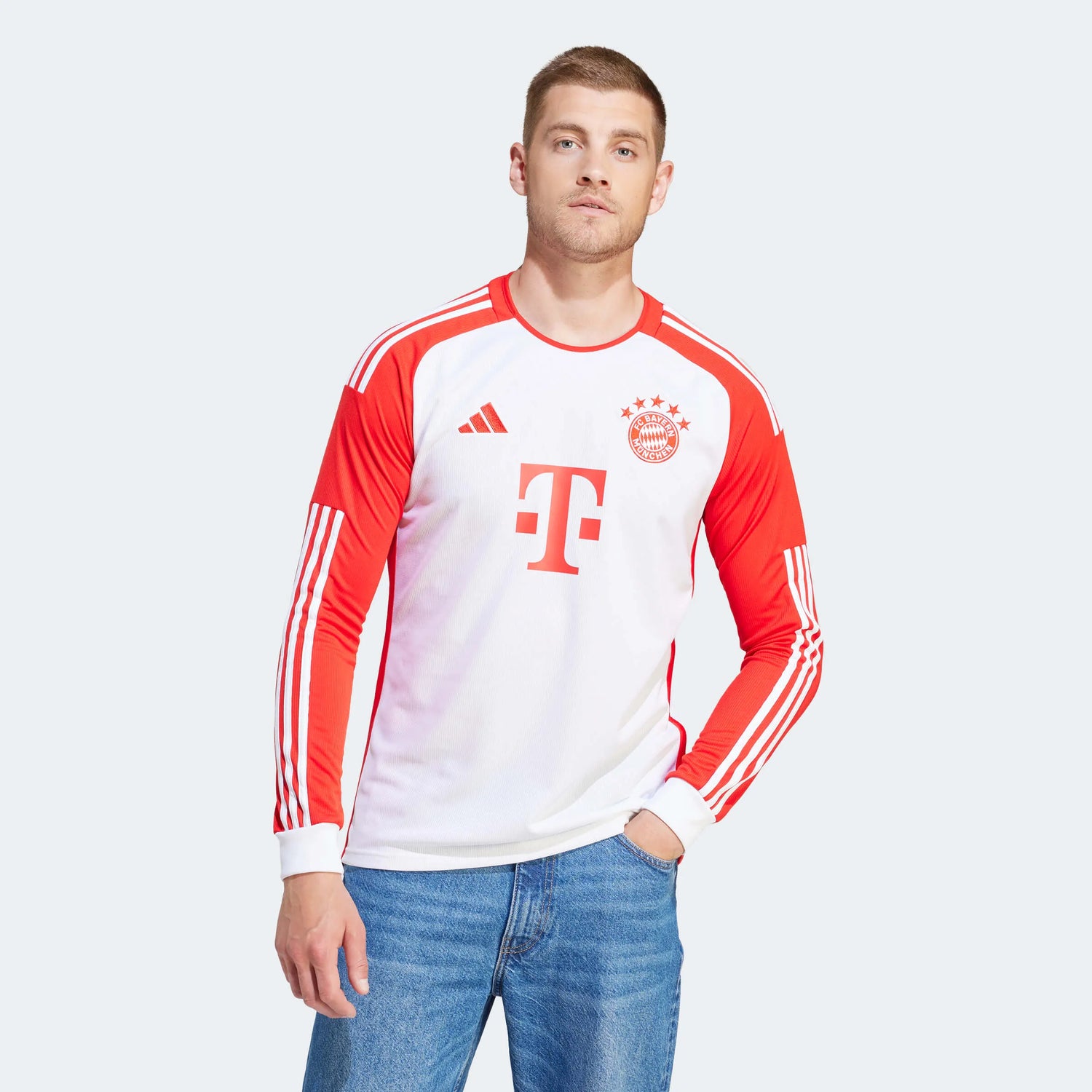 adidas 2023-24 Bayern Munich Men's Stadium Home Long-Sleeve Jersey (Model - Front)