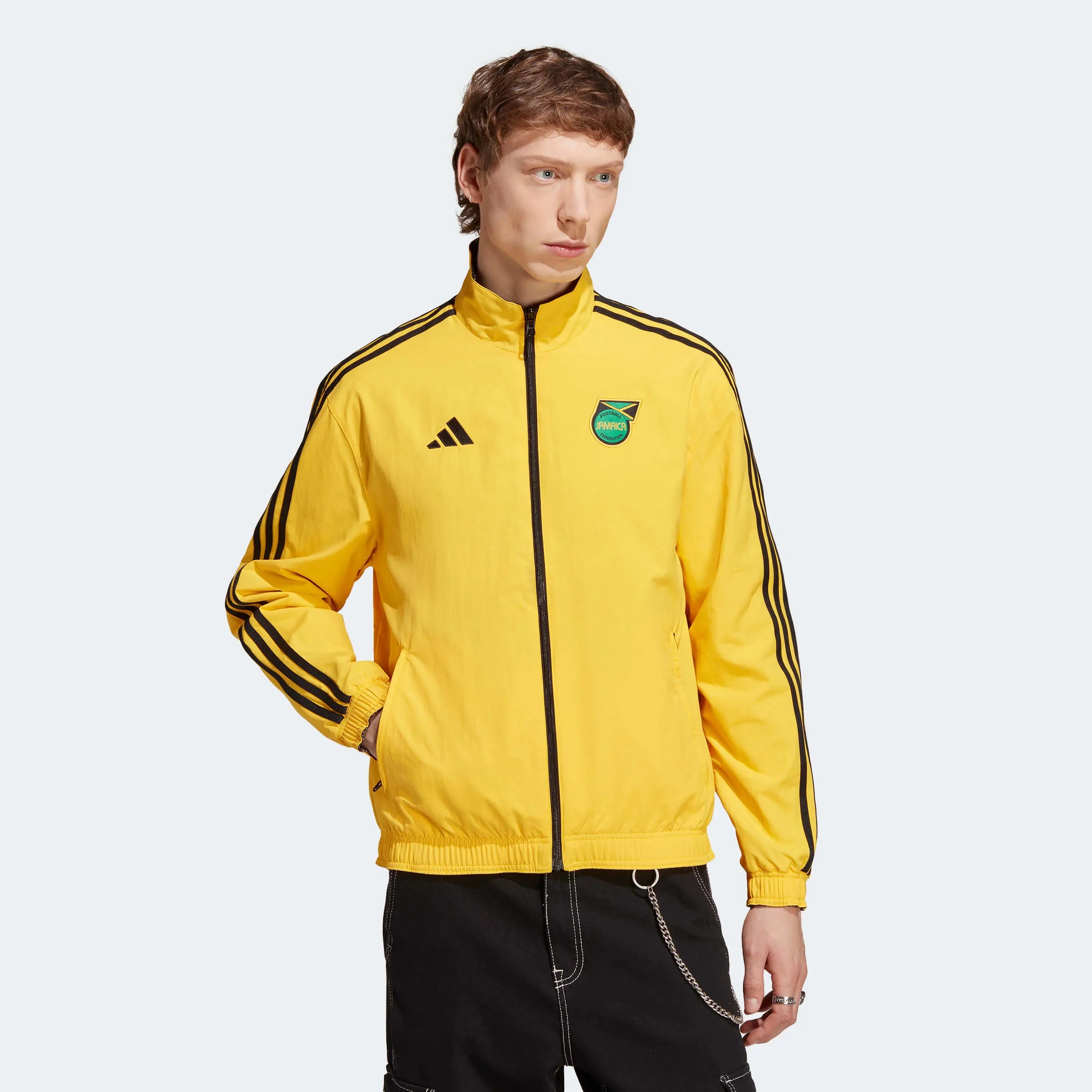 adidas 2023 Jamaica Reversible Anthem Jacket - Bold Gold-Black (Model - Front)