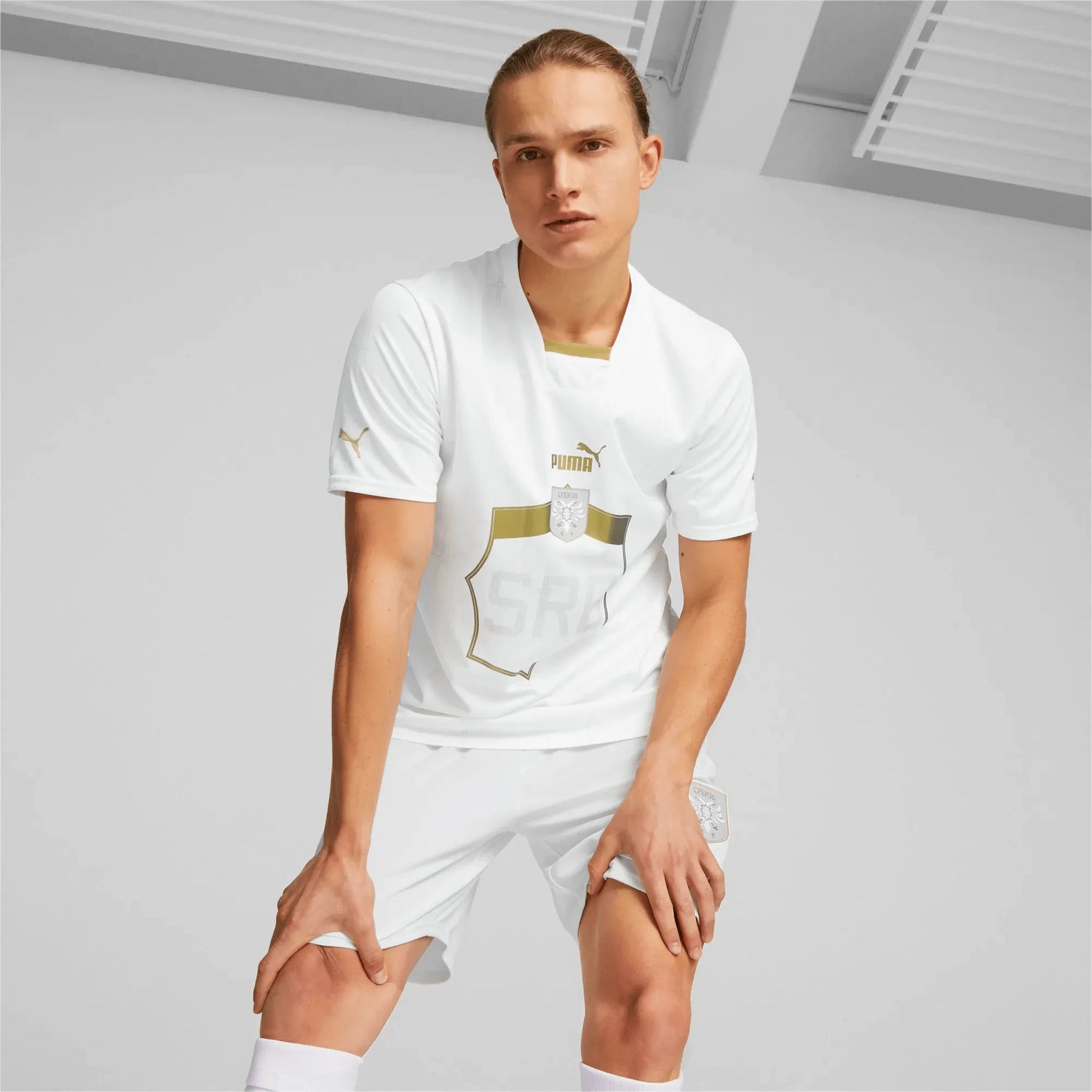 Puma 2022-23 Serbia Away Jersey White-Gold (Model - Front)