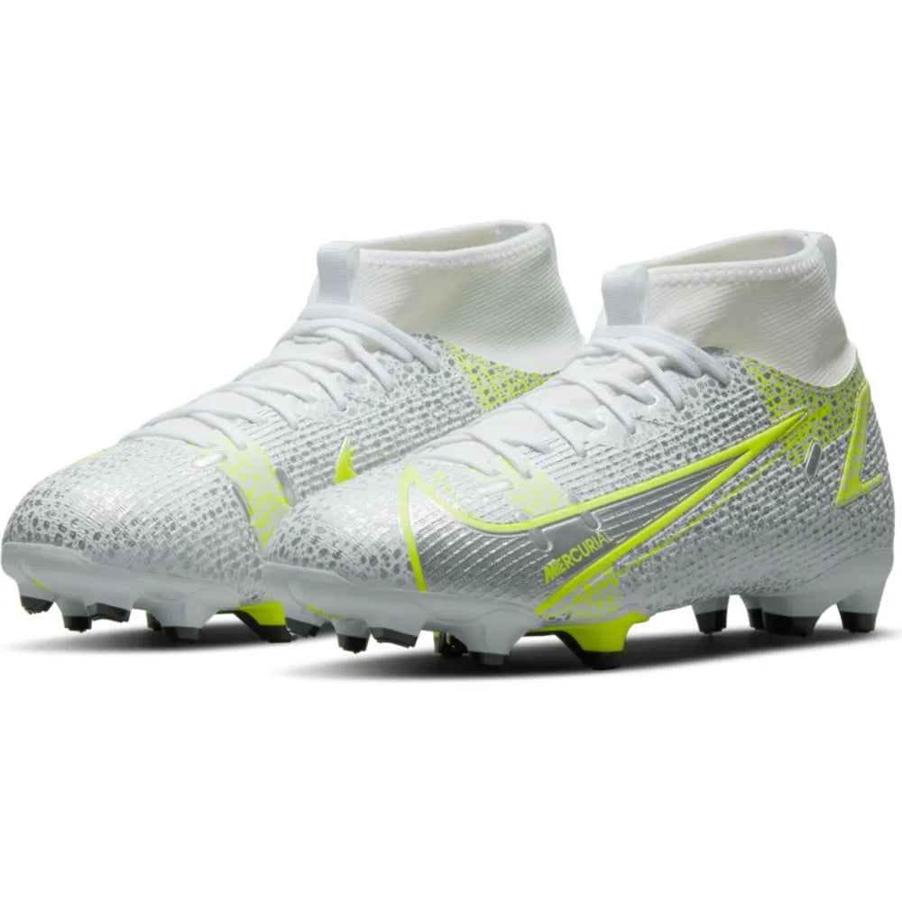 Nike JR Superfly 8 Academy FG-MG - White-Grey-Volt (Pair - Diagonal)