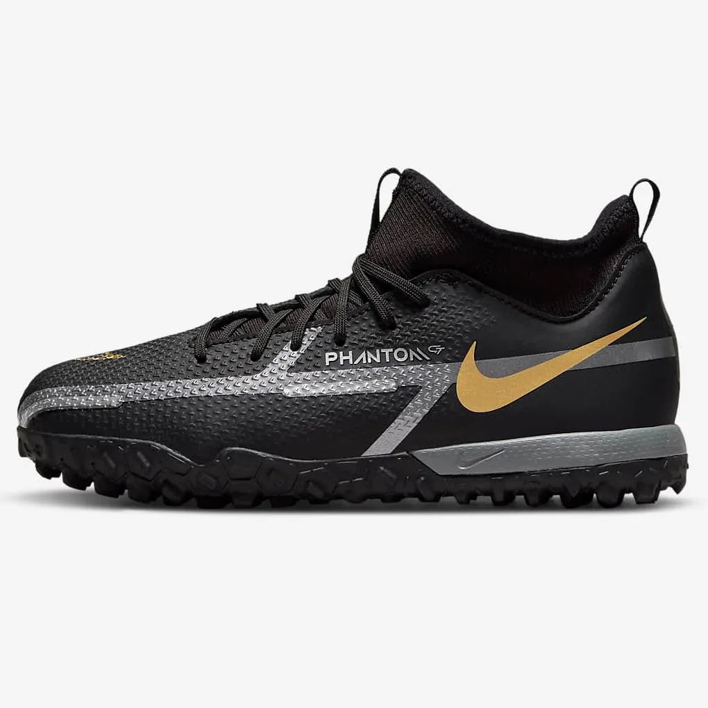 Nike JR Phantom GT2 Academy DF Turf - Black-Dark Grey-Gold (Side 1)