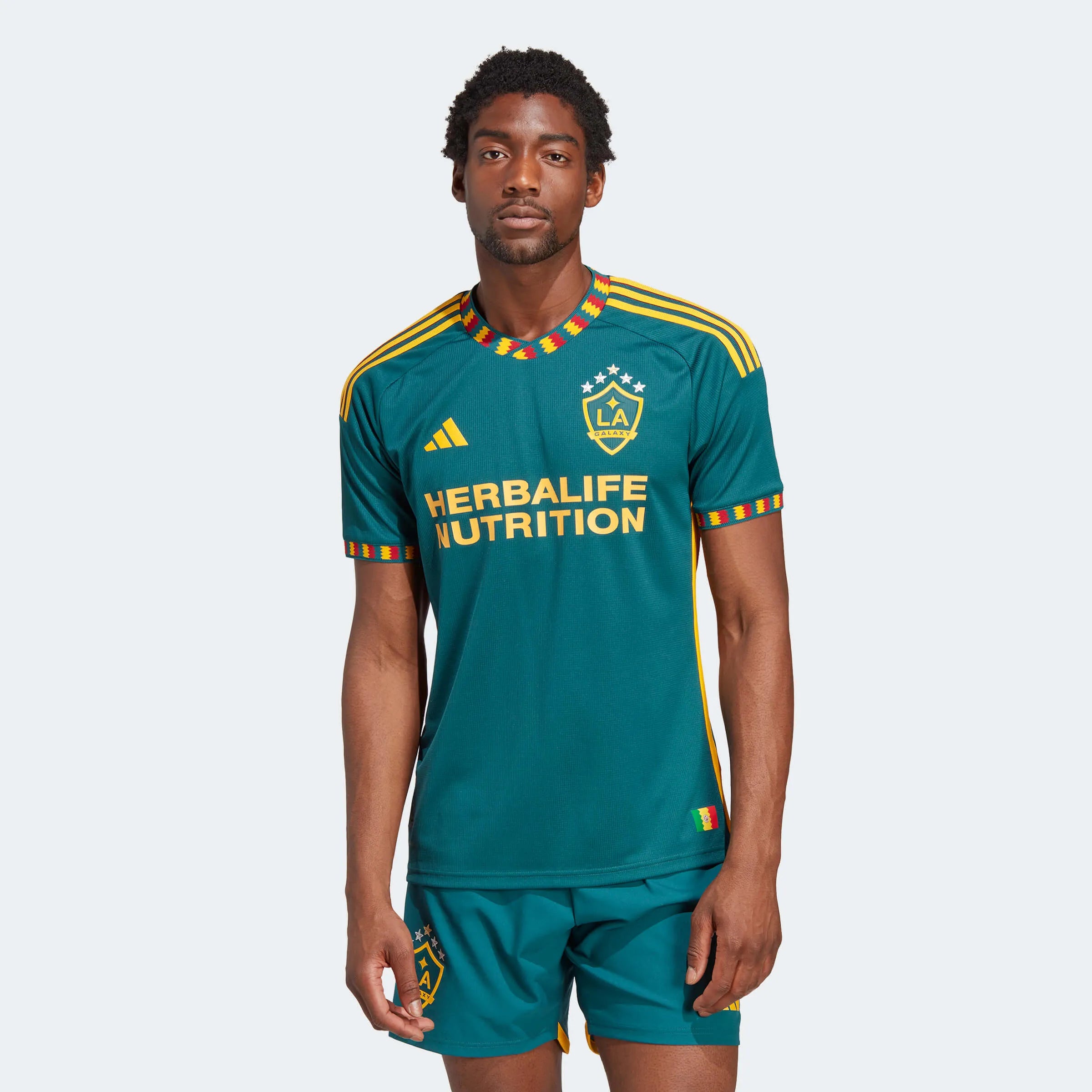 adidas 2023-24 LA Galaxy Authentic Away Jersey - Mystery Green-Team Gold (Model - Front)