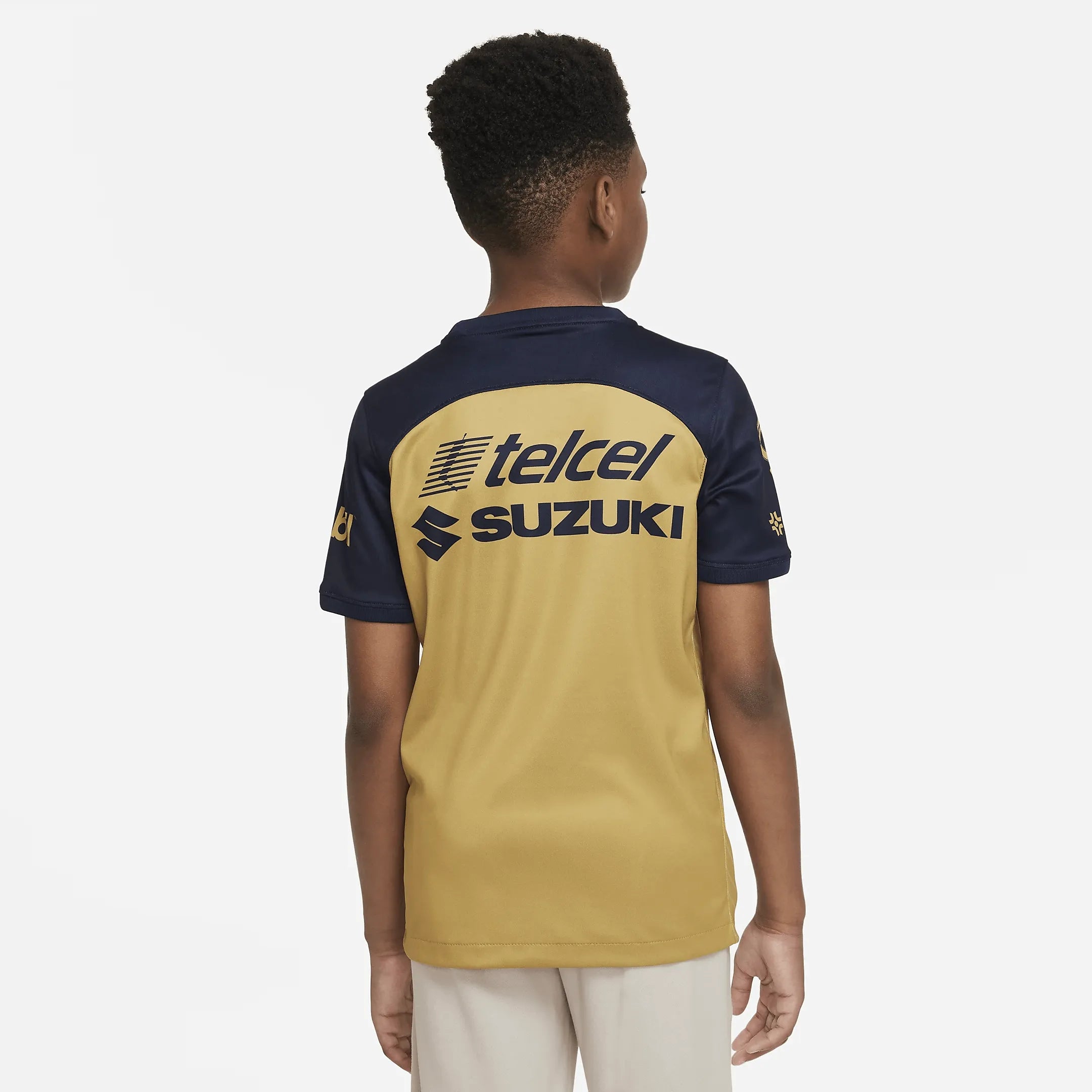 Nike 2022-23 Pumas Youth Away Jersey - Gold-Obsidian (Model - Back)