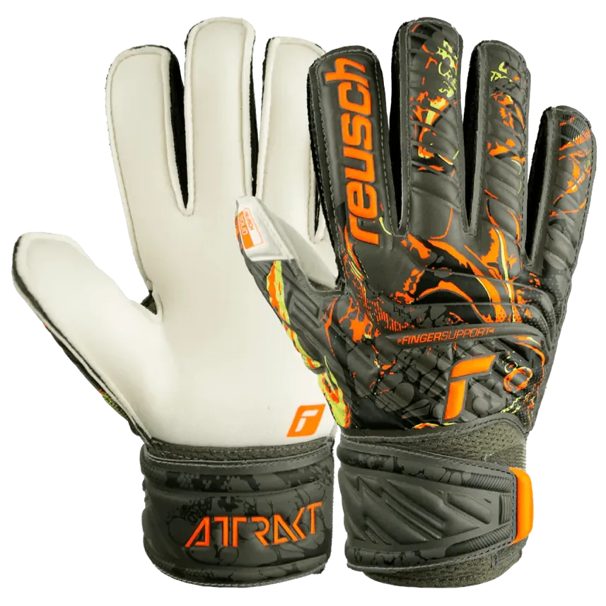 Reusch JR Attrakt Solid Finger Support Goalkeeper Gloves - Desert Green - Orange (Pair)