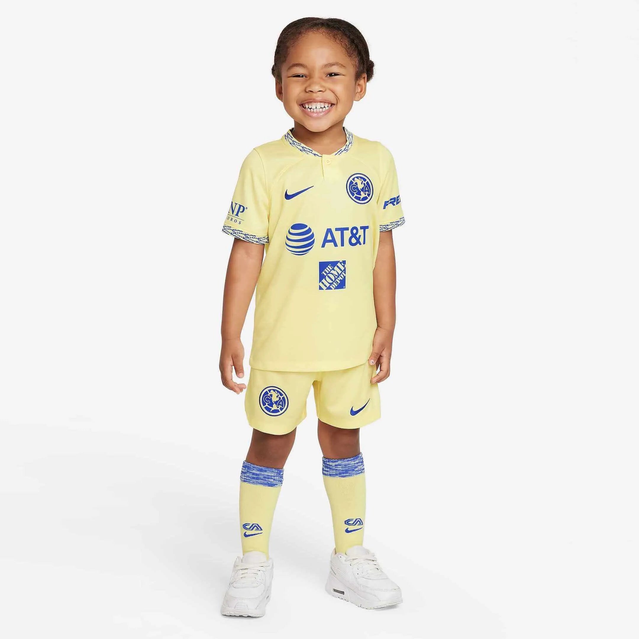 Nike 2022-23 Club America Kids' Home Mini Kit - Lemon-Blue (Model - Front)