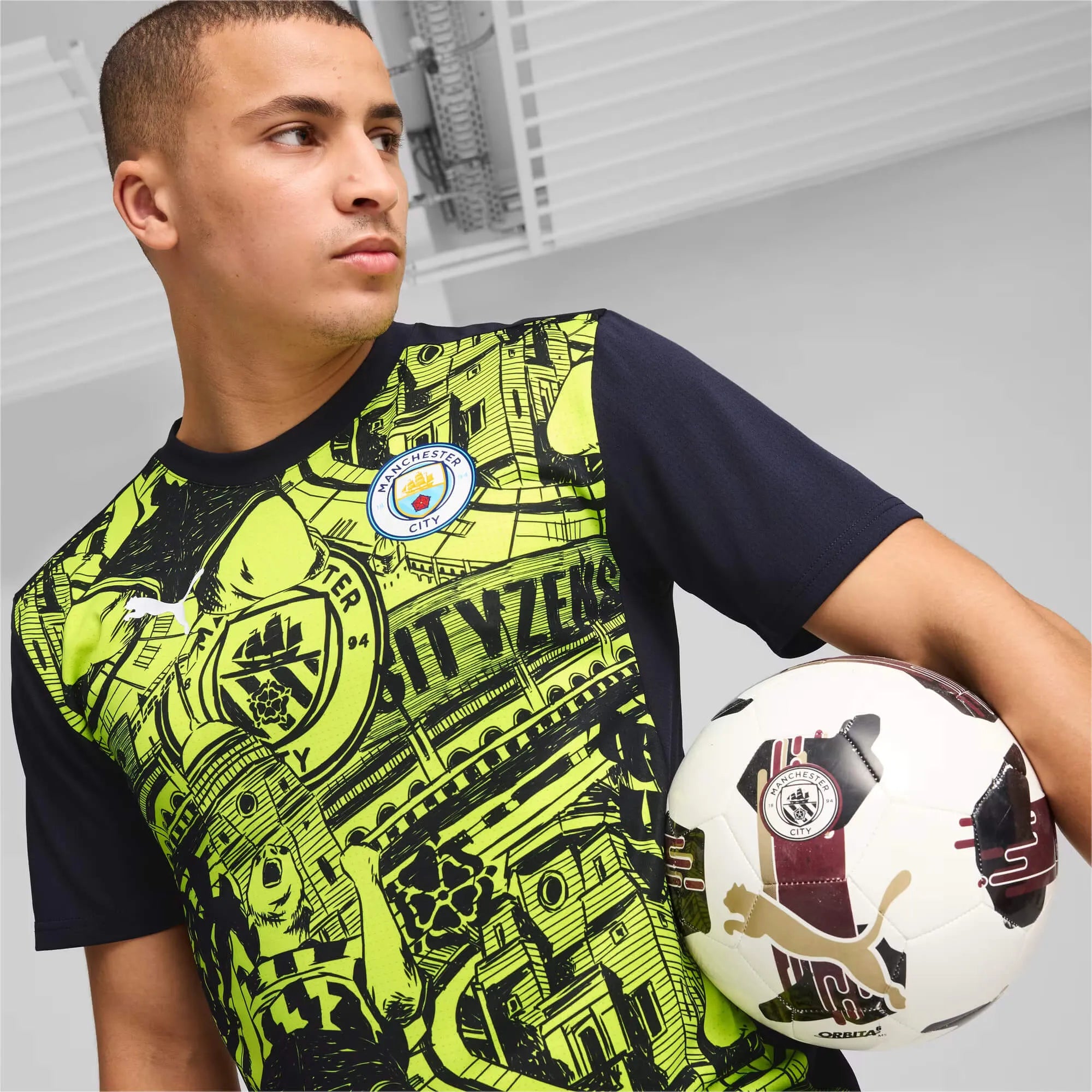 Puma 2024-25 Manchester City Men's Pre-Match Jersey Yellow Glow-Magic Blue (Detail 1)