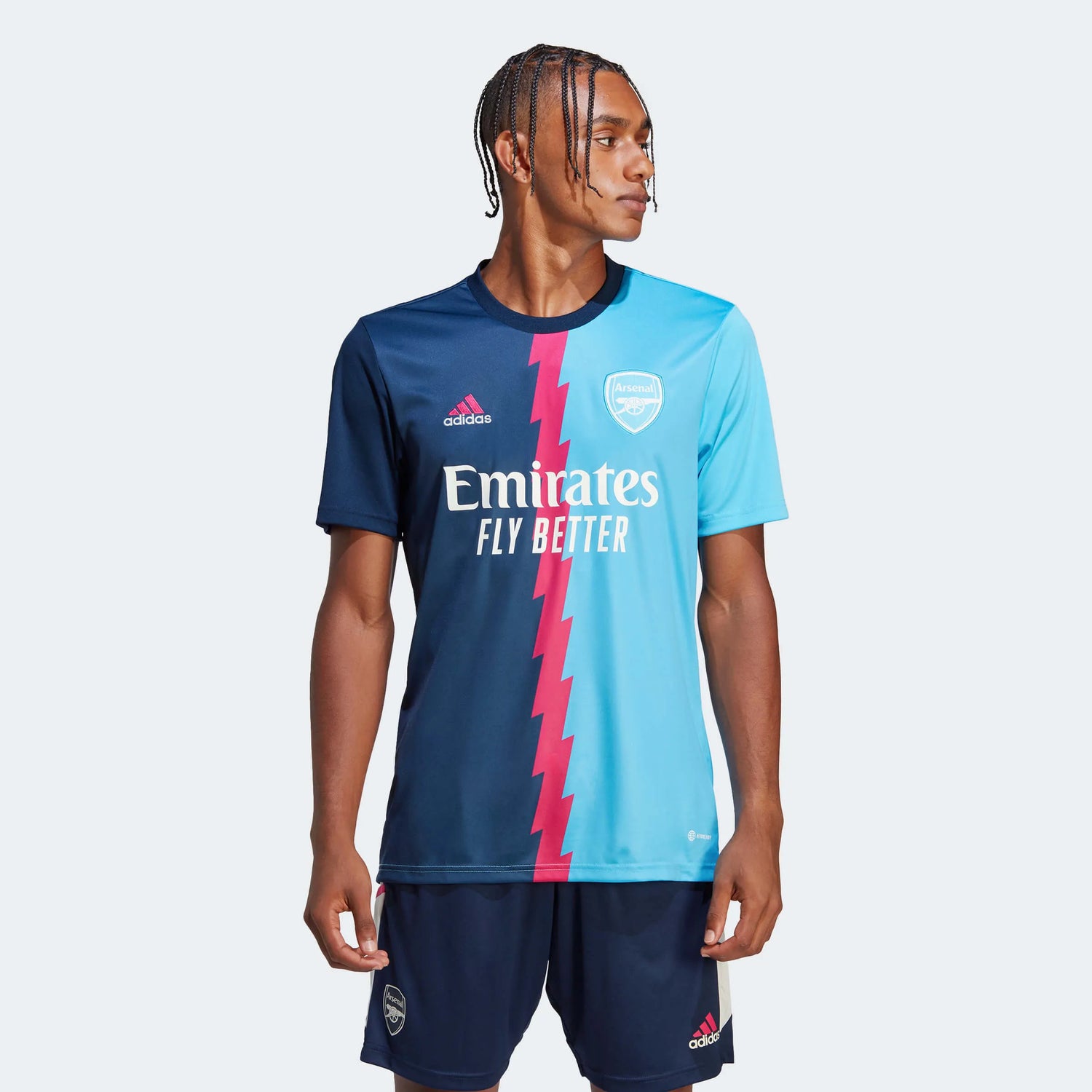 adidas 2023 Arsenal Pre-Match Jersey - Navy-Magenta-Sky Rush (Model - Front)