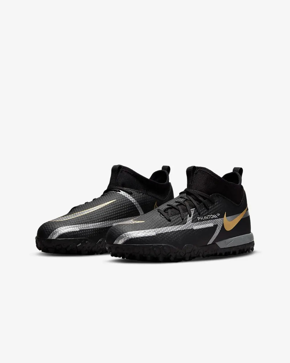 Nike JR Phantom GT2 Academy DF Turf - Black-Dark Grey-Gold (Pair - Diagonal)
