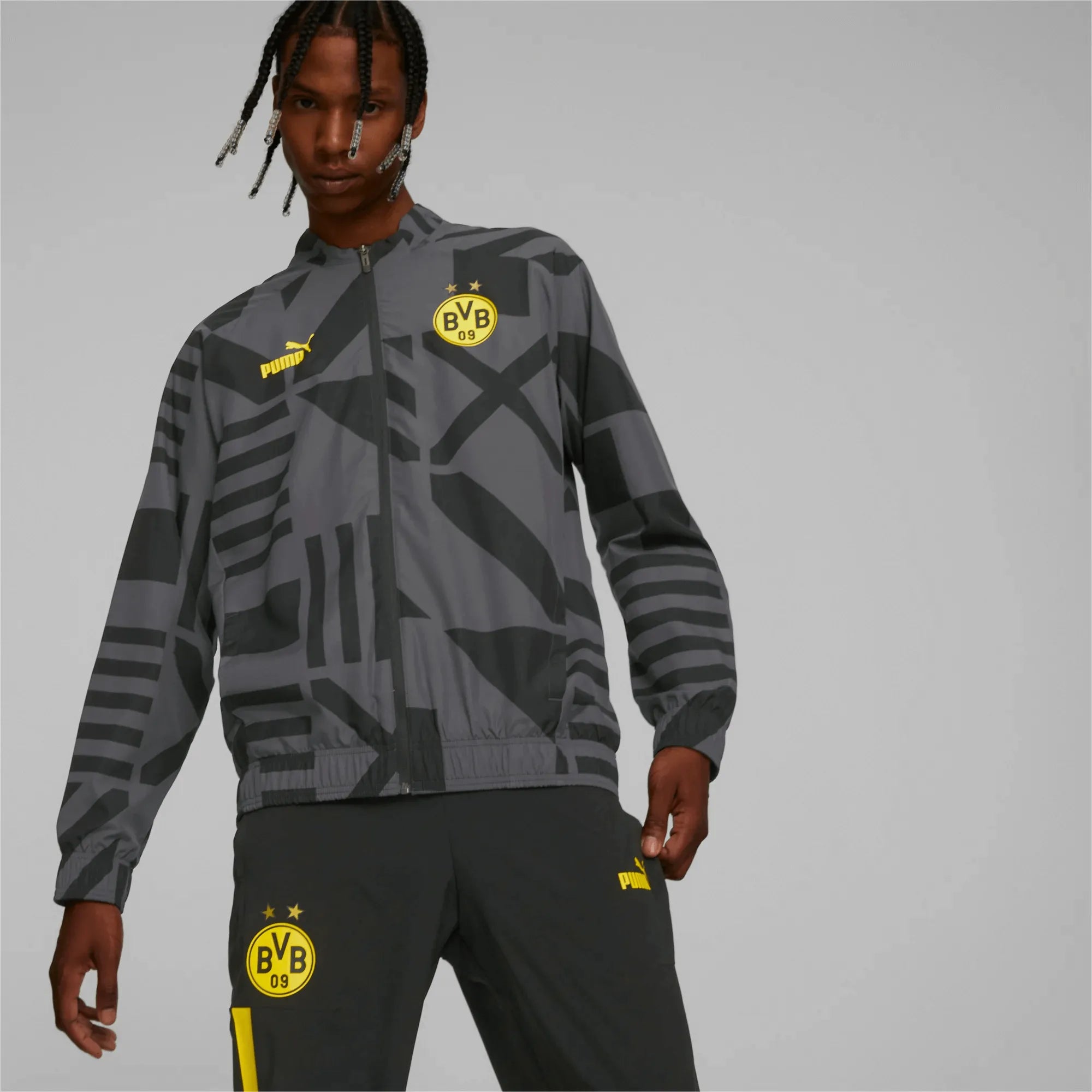 Puma 2022-23 Borussia Dortmund Prematch Jacket Black-Yellow (Model - Front)