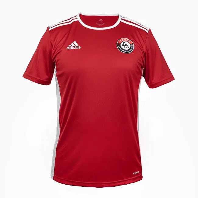 front view of adidas Entrada 18 Youth Training Jersey-red with white shoulder stripes