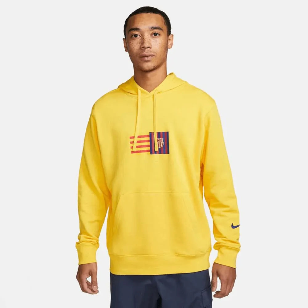 Nike 2023 FC Barcelona Club Hoodie - Yellow-Deep Royal Blue (Model - Front)