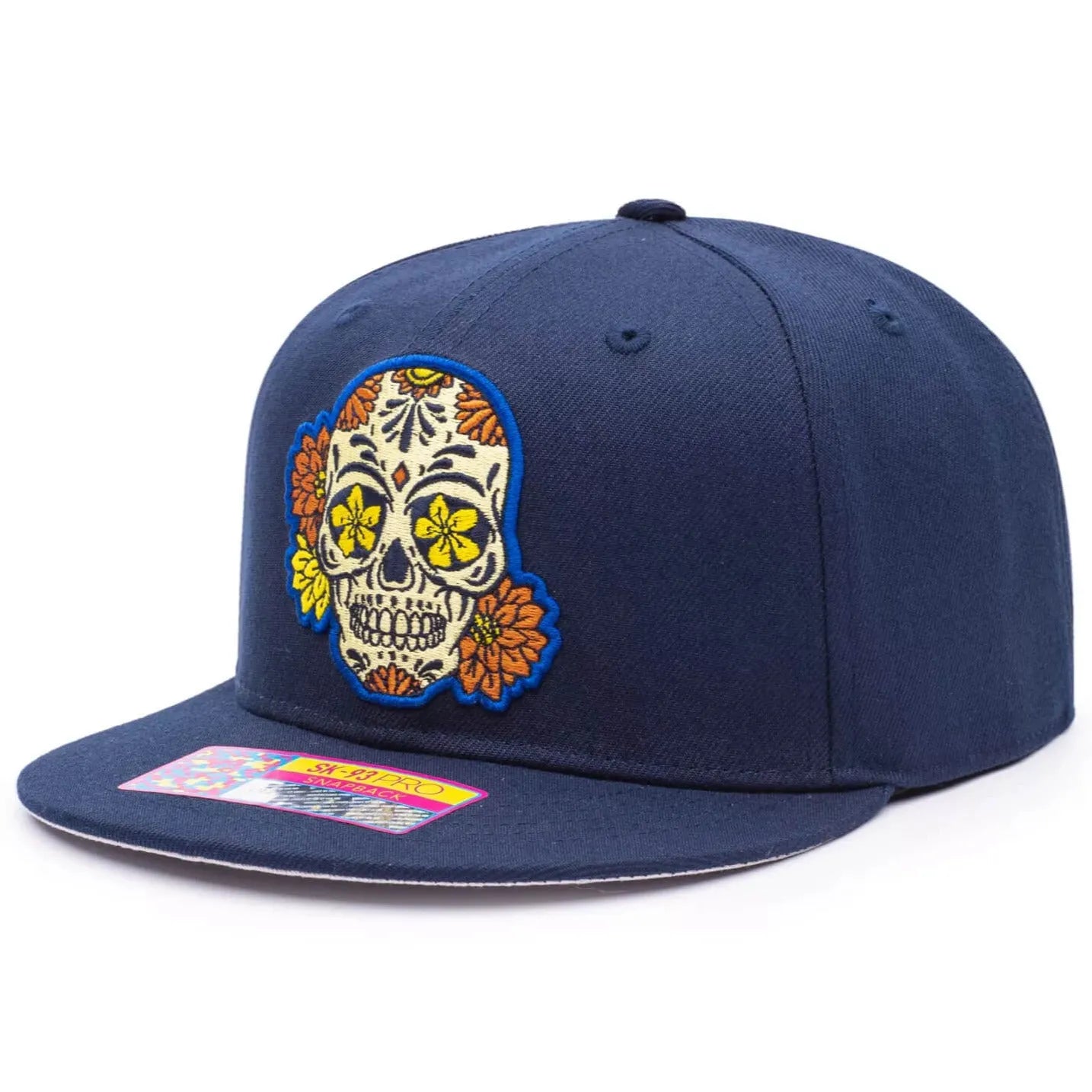 FI Collection Club America Day of the Dead Skull Snapback Hat -Navy-Yellow (Lateral - Side 1)