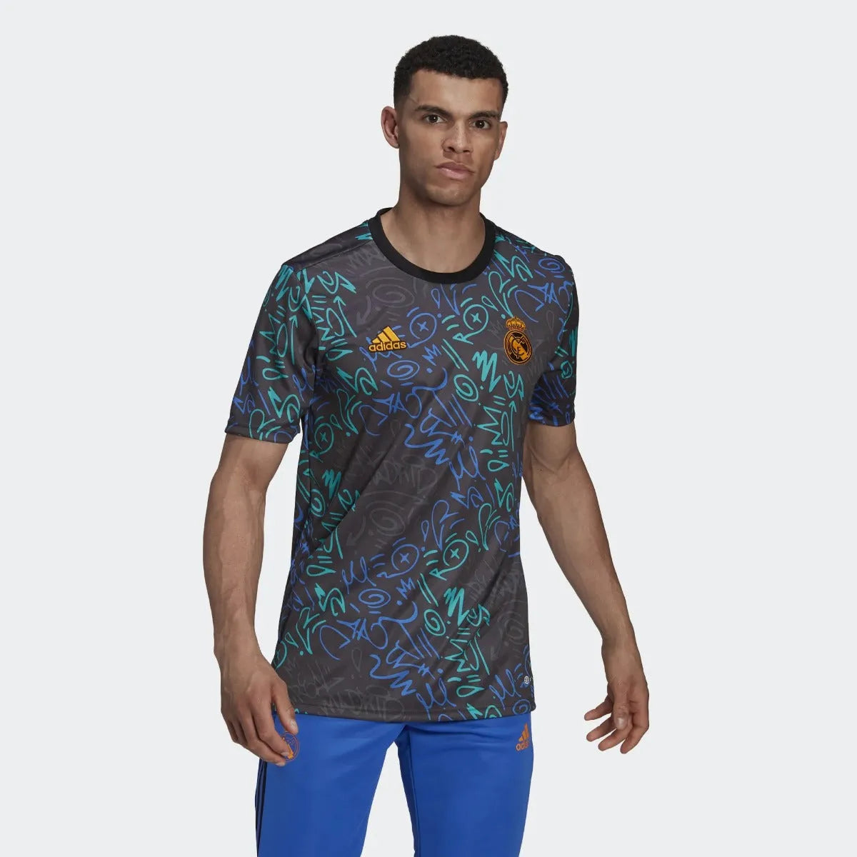 adidas 21-22 Real Madrid Pre-Match Jersey - Black-Multicolor (Model - Front)