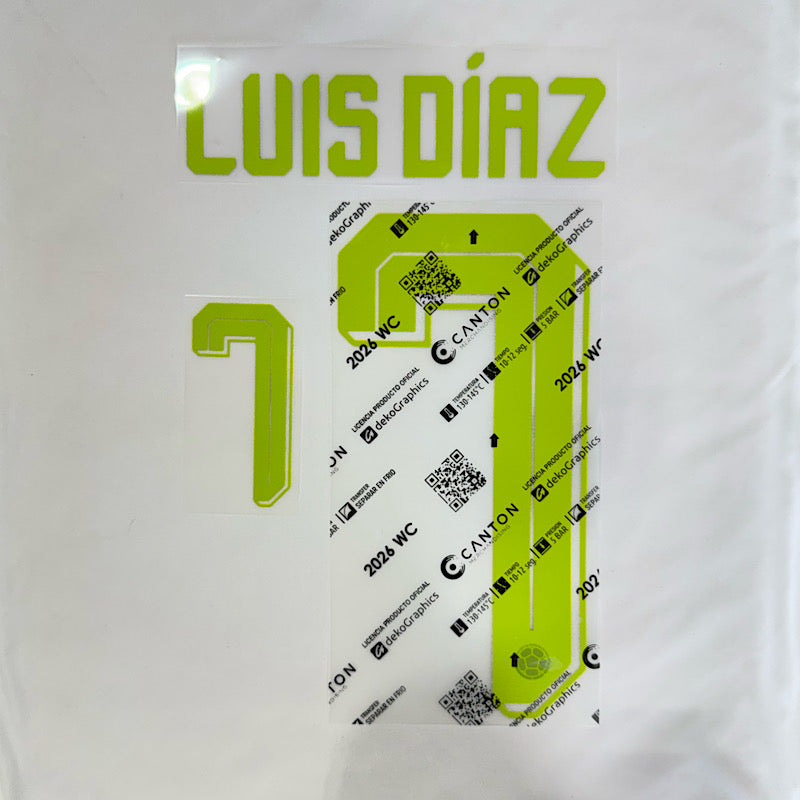 Colombia 2026- Away LUIS DIAZ #7 Official Jersey Name Set