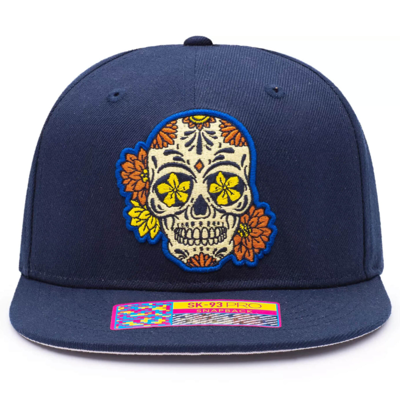 FI Collection Club America Day of the Dead Skull Snapback Hat -Navy-Yellow (Front)