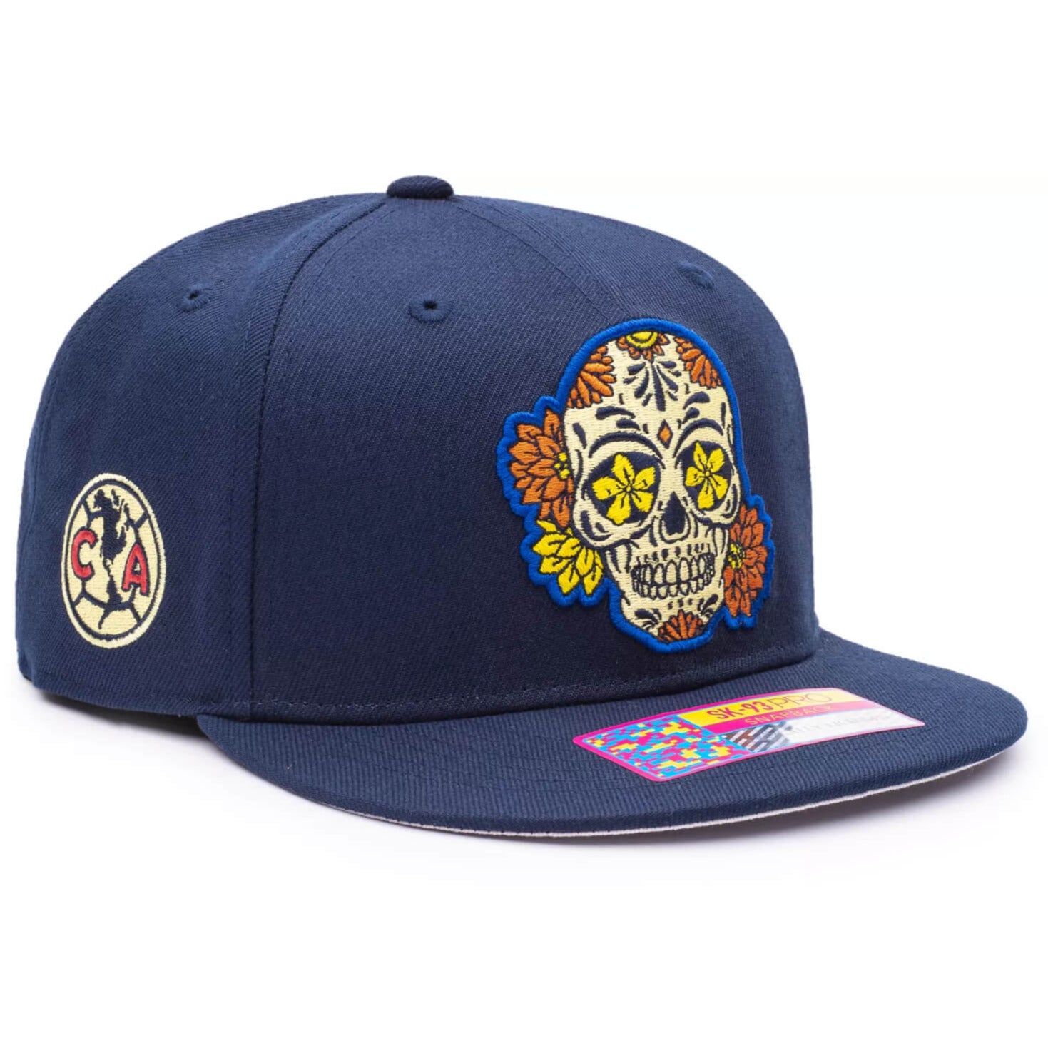 FI Collection Club America Day of the Dead Skull Snapback Hat -Navy-Yellow (Lateral - Side 2)