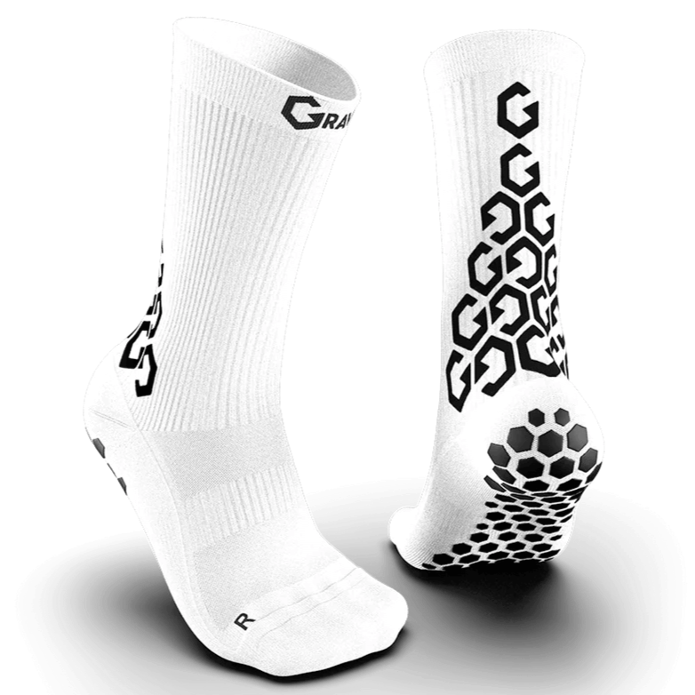Gravity Pro Grip Socks Crew Length White (Pair - Front and Back)