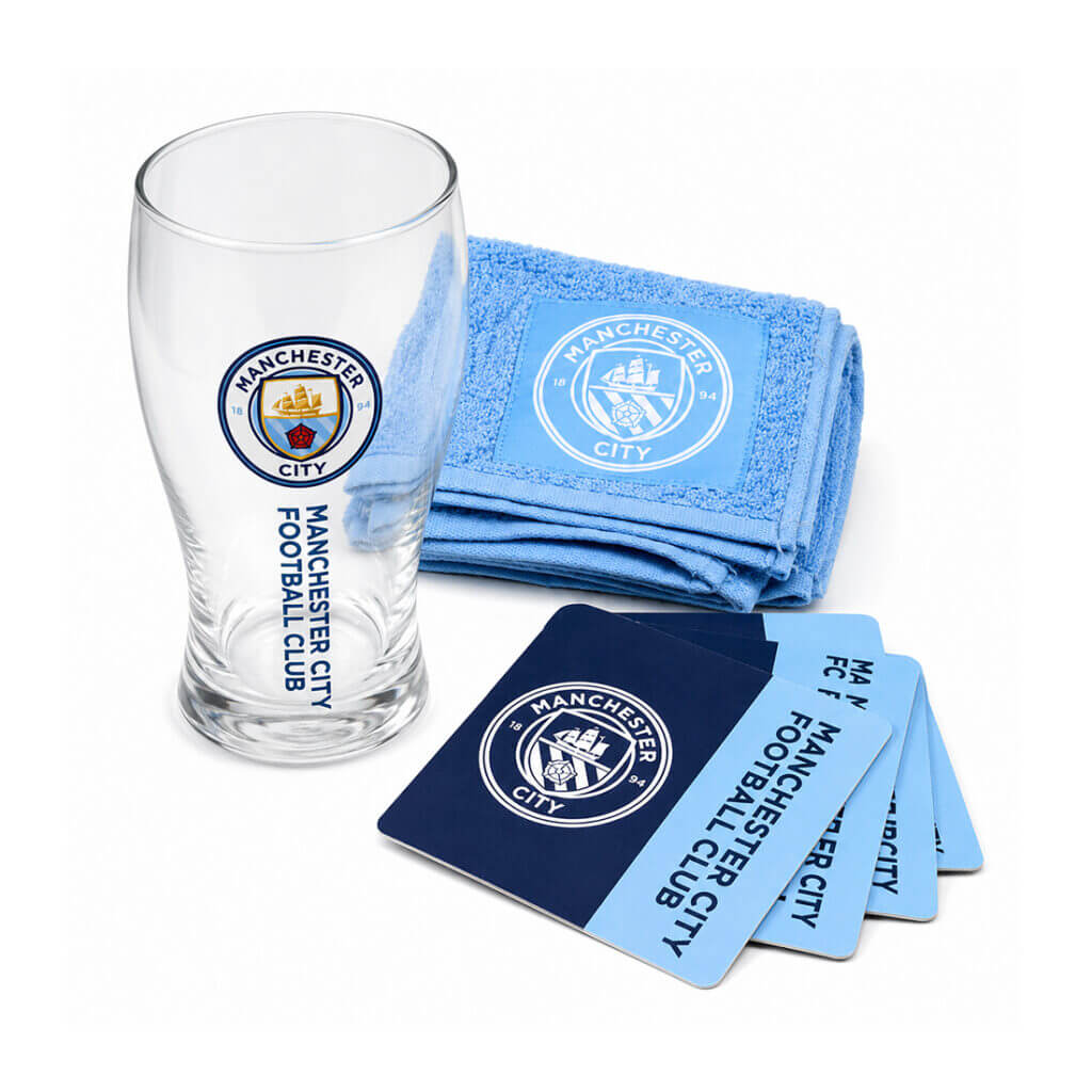 Manchester City Mini Bar Set (Pint Glass, Bar Towel, 4 Coasters) (Front)