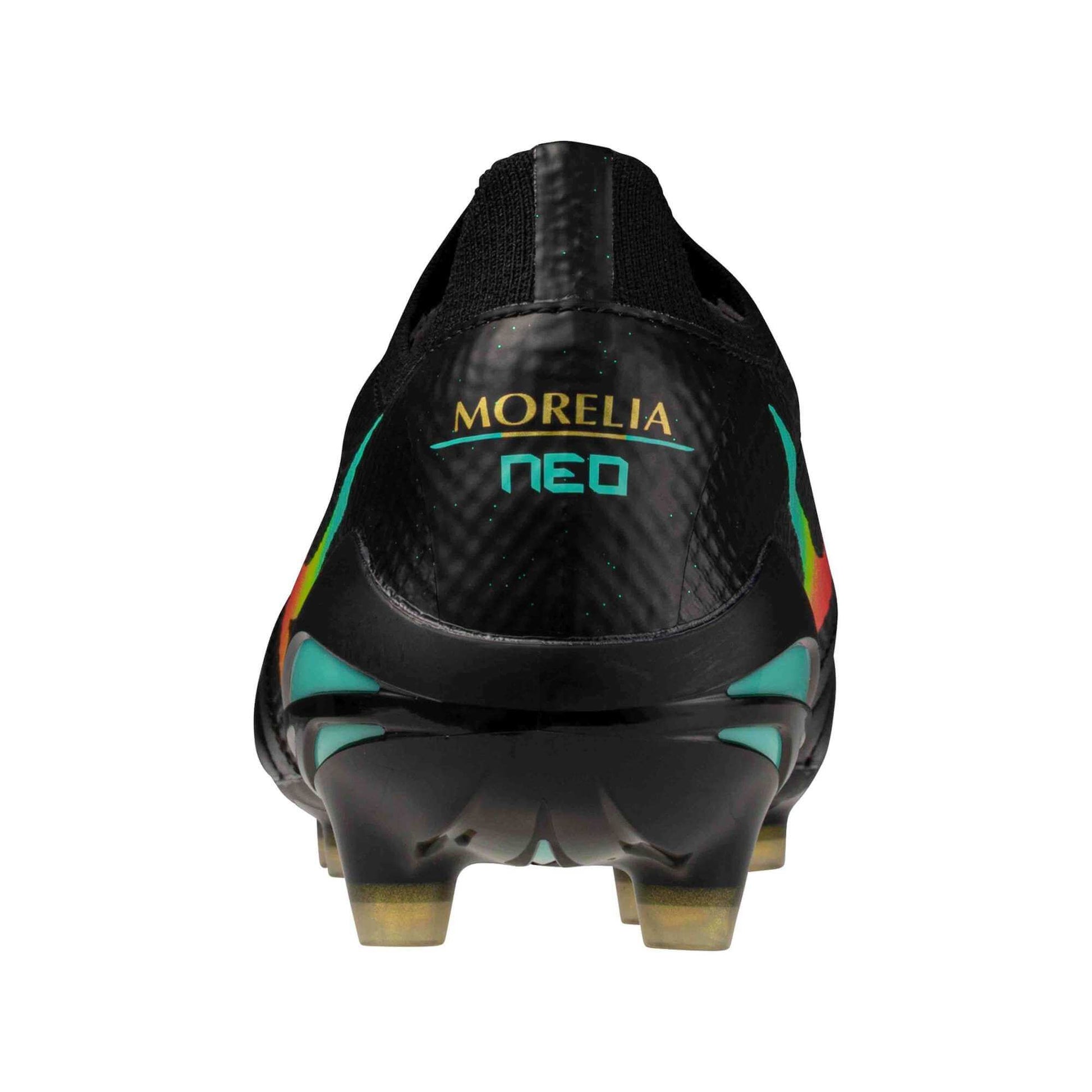 Mizuno Morelia Neo V Beta Elite Firm Ground Soccer Cleats - Bright Black Pack (FA26) Black-Lava Orange (Back)