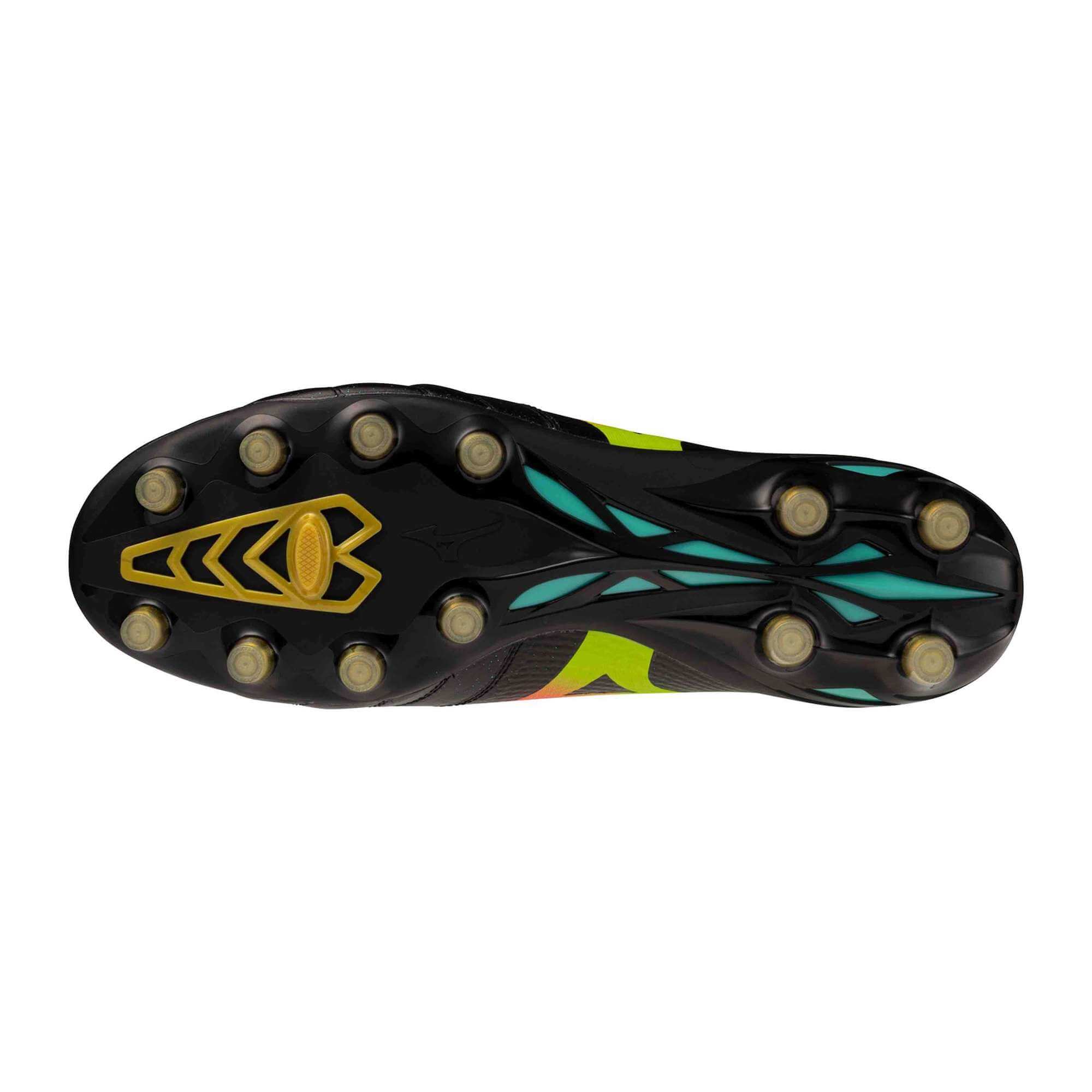 Mizuno Morelia Neo V Beta Elite Firm Ground Soccer Cleats - Bright Black Pack (FA26) Black-Lava Orange (Bottom)