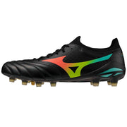 Mizuno Morelia Neo V Beta Elite Firm Ground Soccer Cleats - Bright Black Pack (FA26) Black-Lava Orange (Side 1)