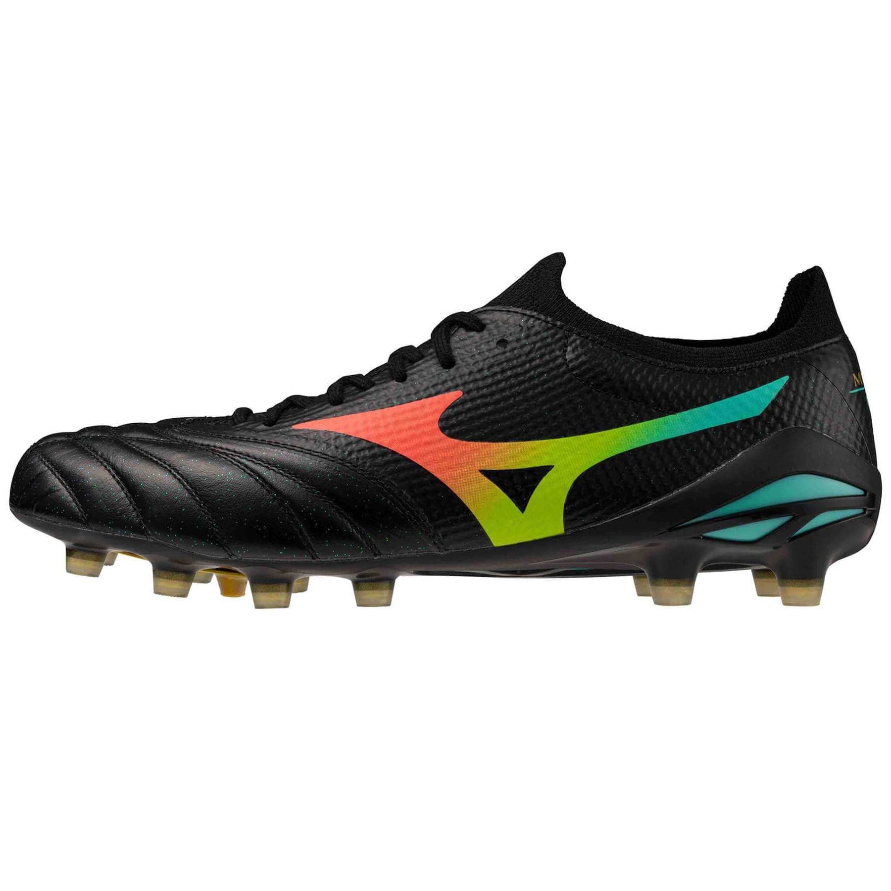 Mizuno Morelia Neo V Beta Elite Firm Ground Soccer Cleats - Bright Black Pack (FA26) Black-Lava Orange (Side 1)
