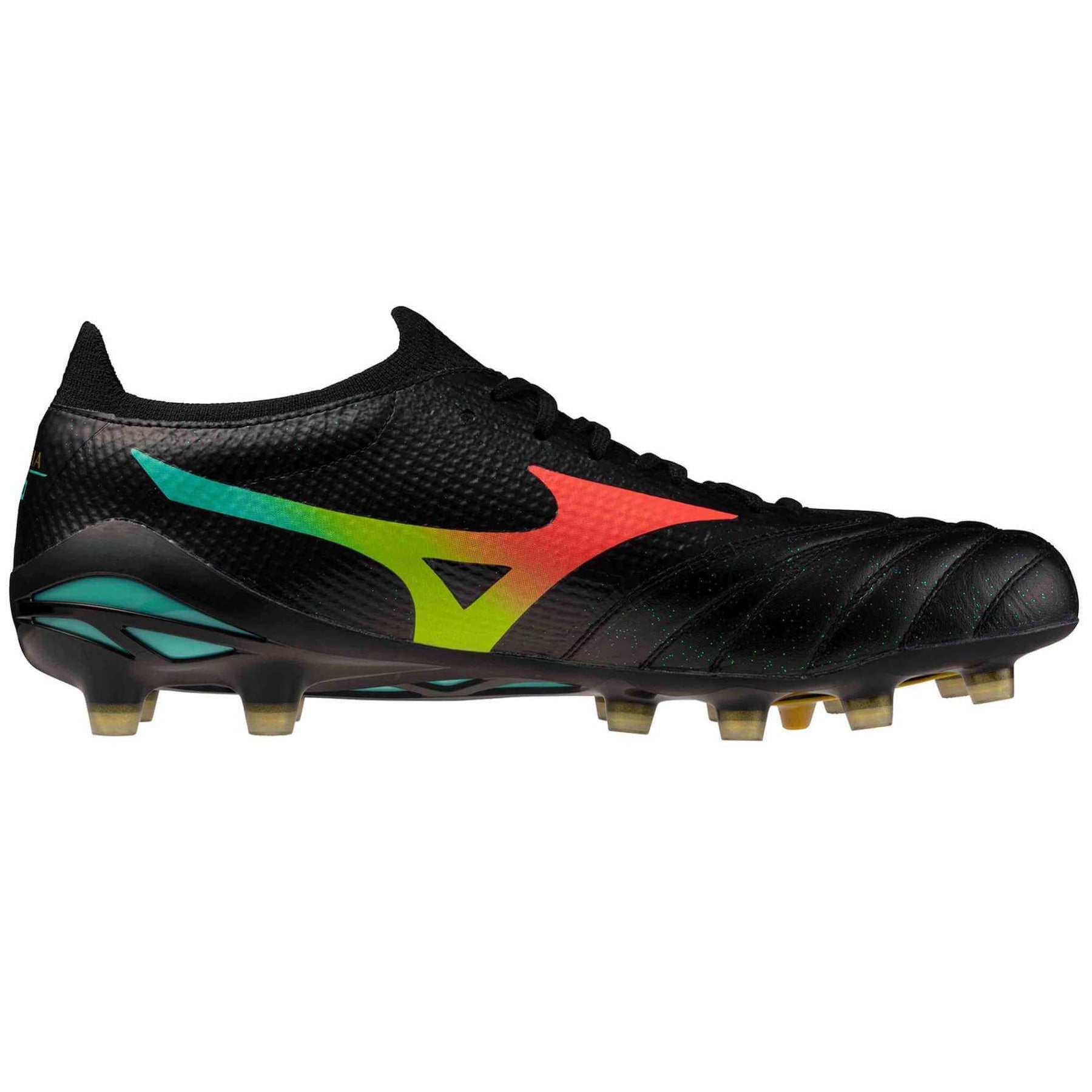 Mizuno Morelia Neo V Beta Elite Firm Ground Soccer Cleats - Bright Black Pack (FA26) Black-Lava Orange (Side 2)