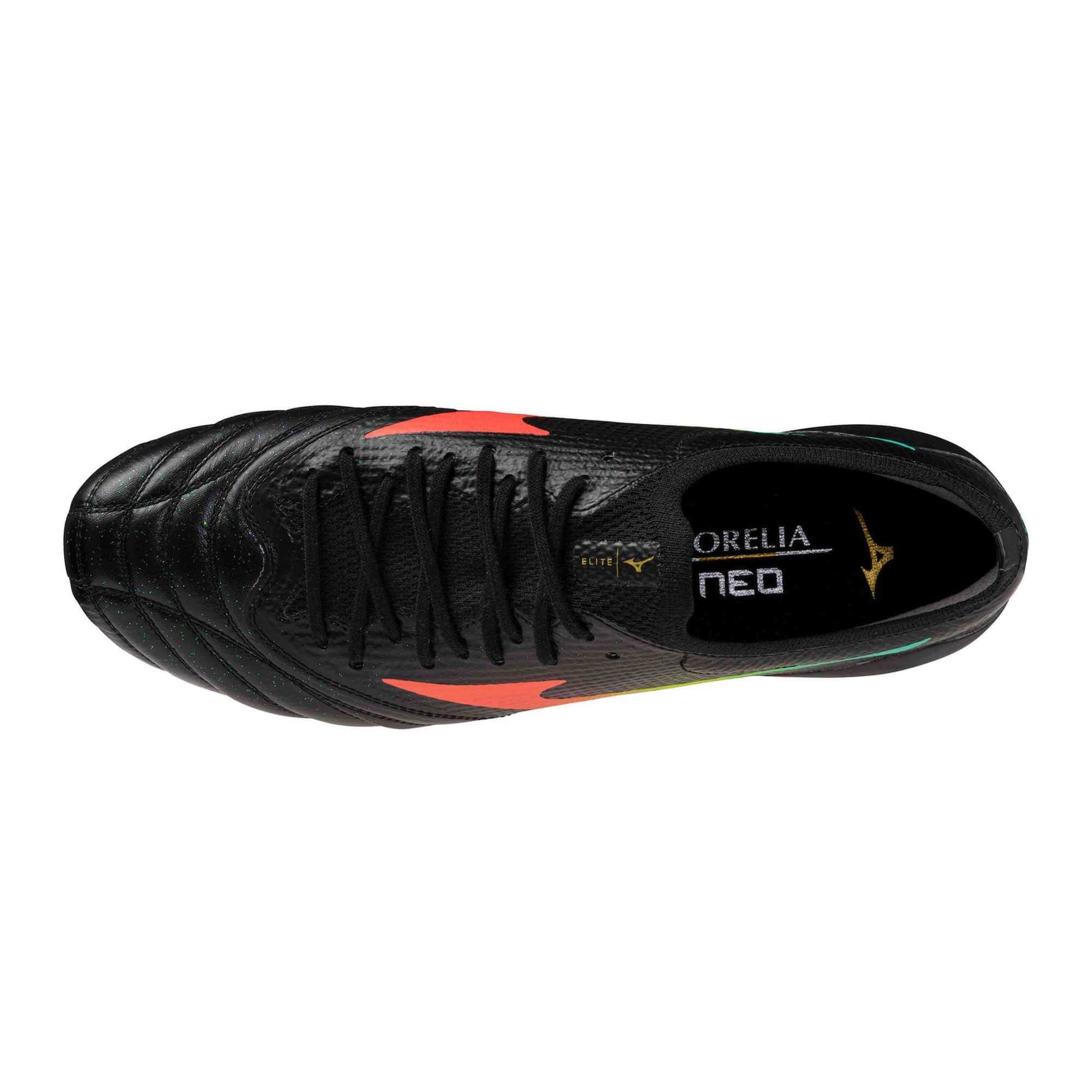 Mizuno Morelia Neo V Beta Elite Firm Ground Soccer Cleats - Bright Black Pack (FA26) Black-Lava Orange (Top)